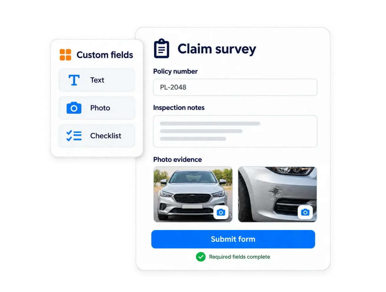 Custom claim survey form with policy number, inspection notes and photo evidence, built from text, photo and checklist fields
