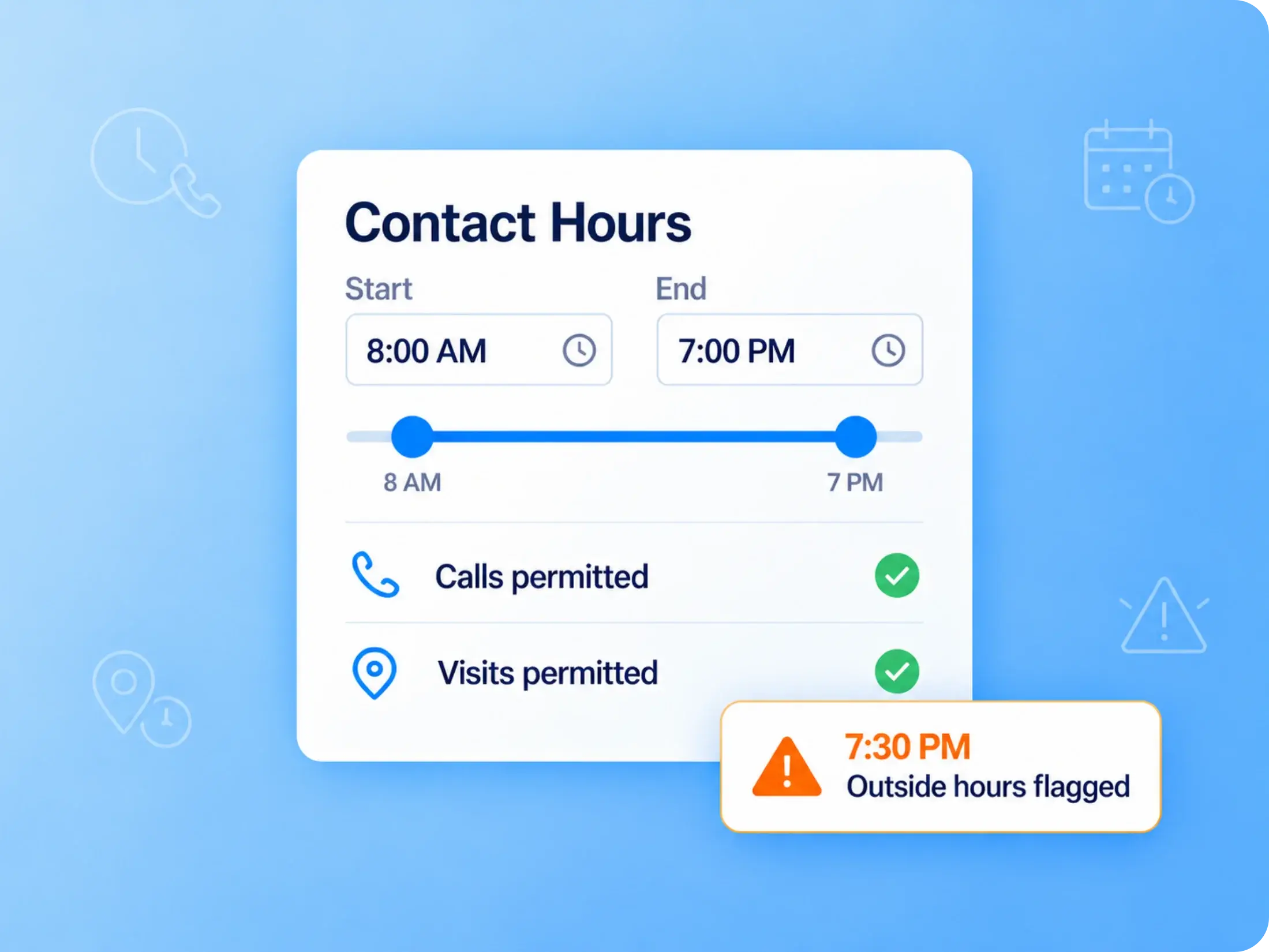 Contact hours set from 8 AM to 7 PM with calls and visits permitted, and a 7:30 PM visit flagged as outside permitted hours