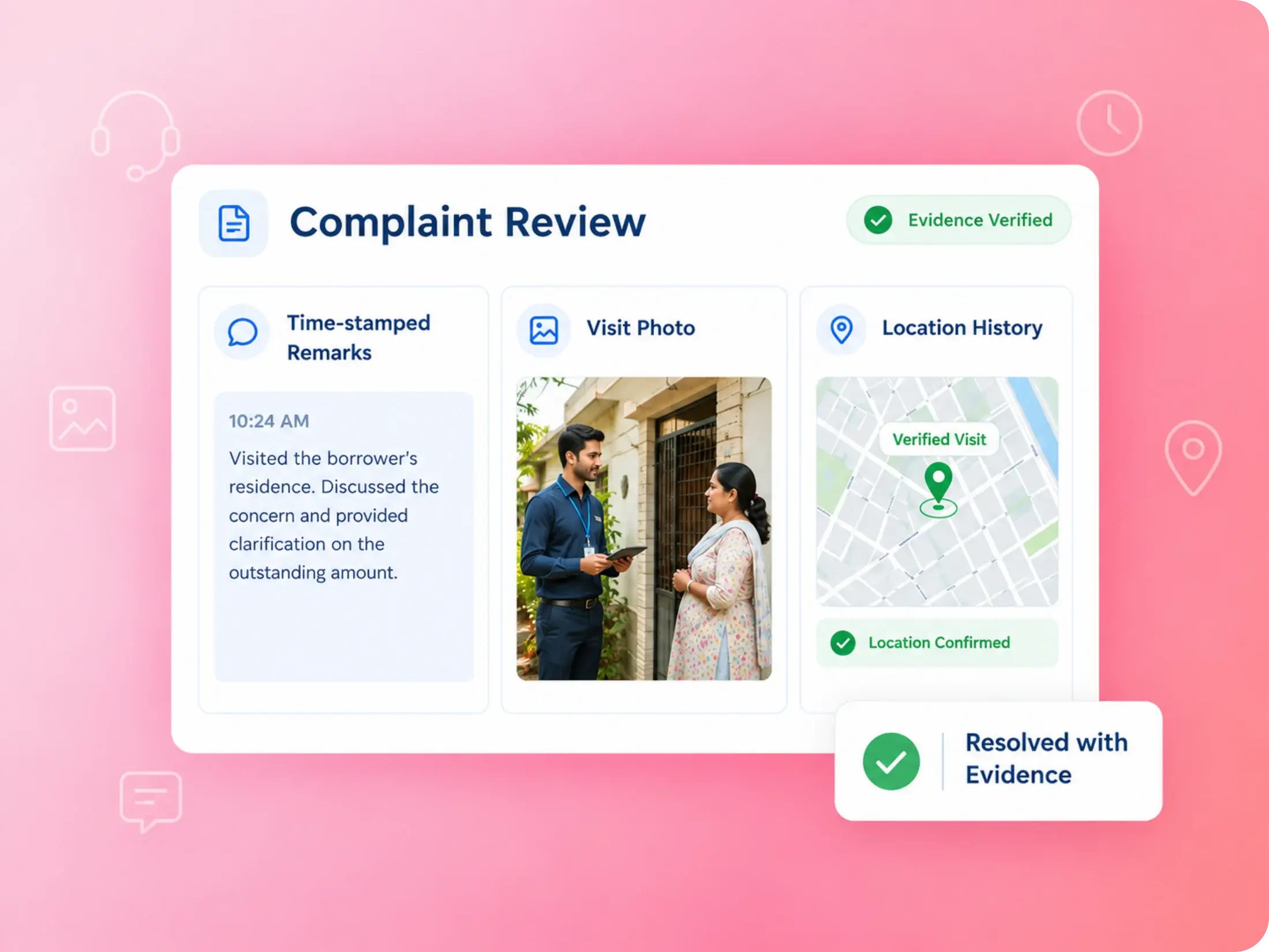 Borrower complaint review with time-stamped remarks, a visit photo and confirmed location history, resolved with evidence