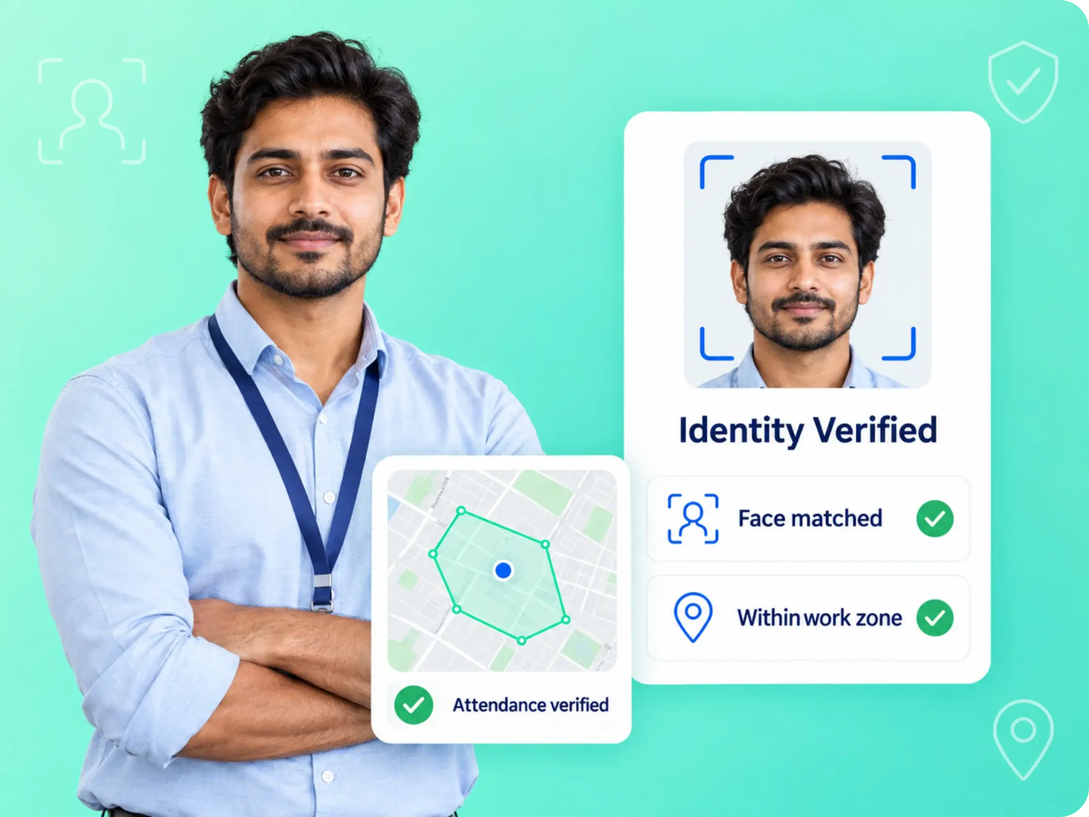 Field agent identity verified by face match, with geo-fenced attendance confirmed inside the work zone