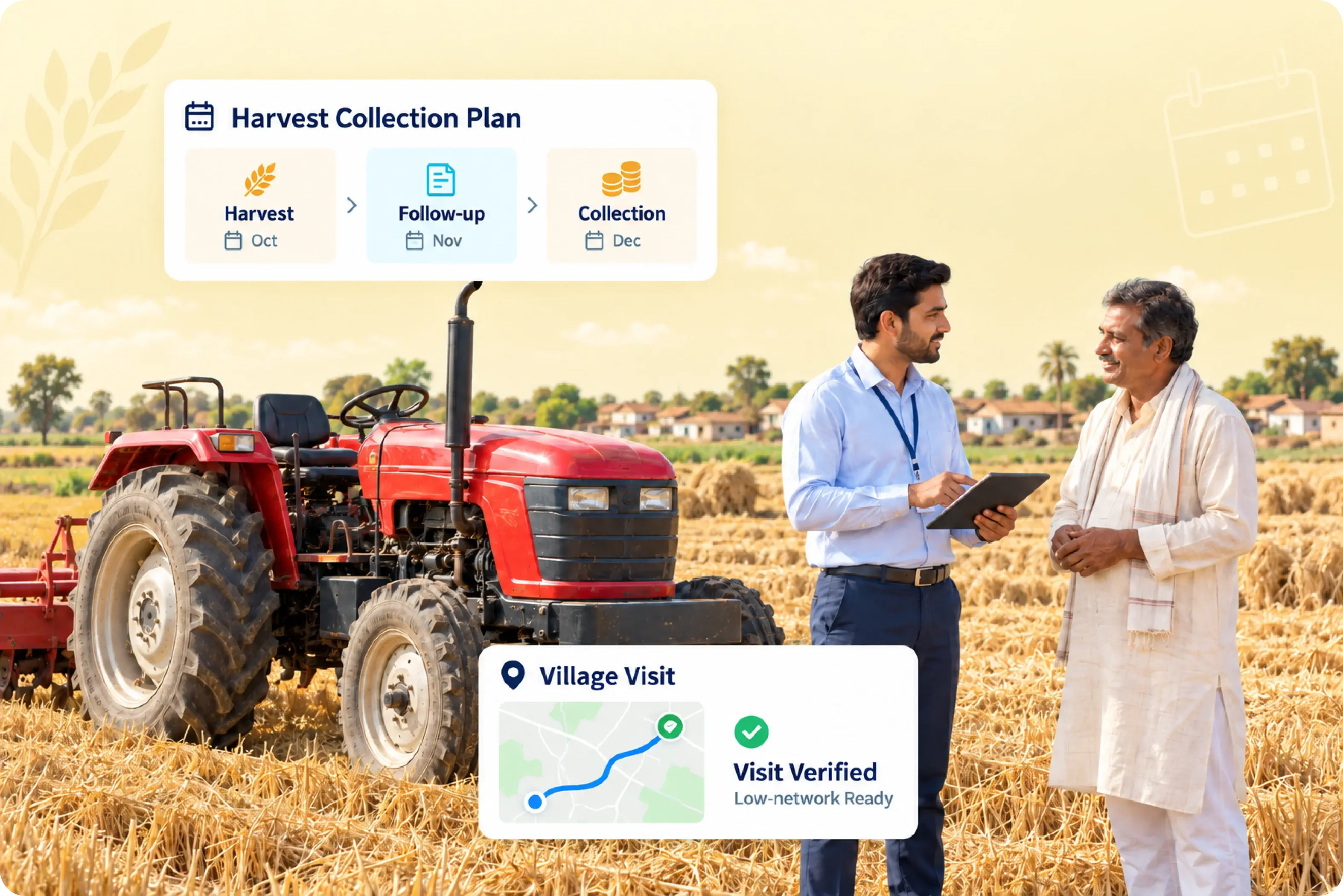 Field officer with a farmer beside a tractor, following a harvest-based collection plan with a verified village visit