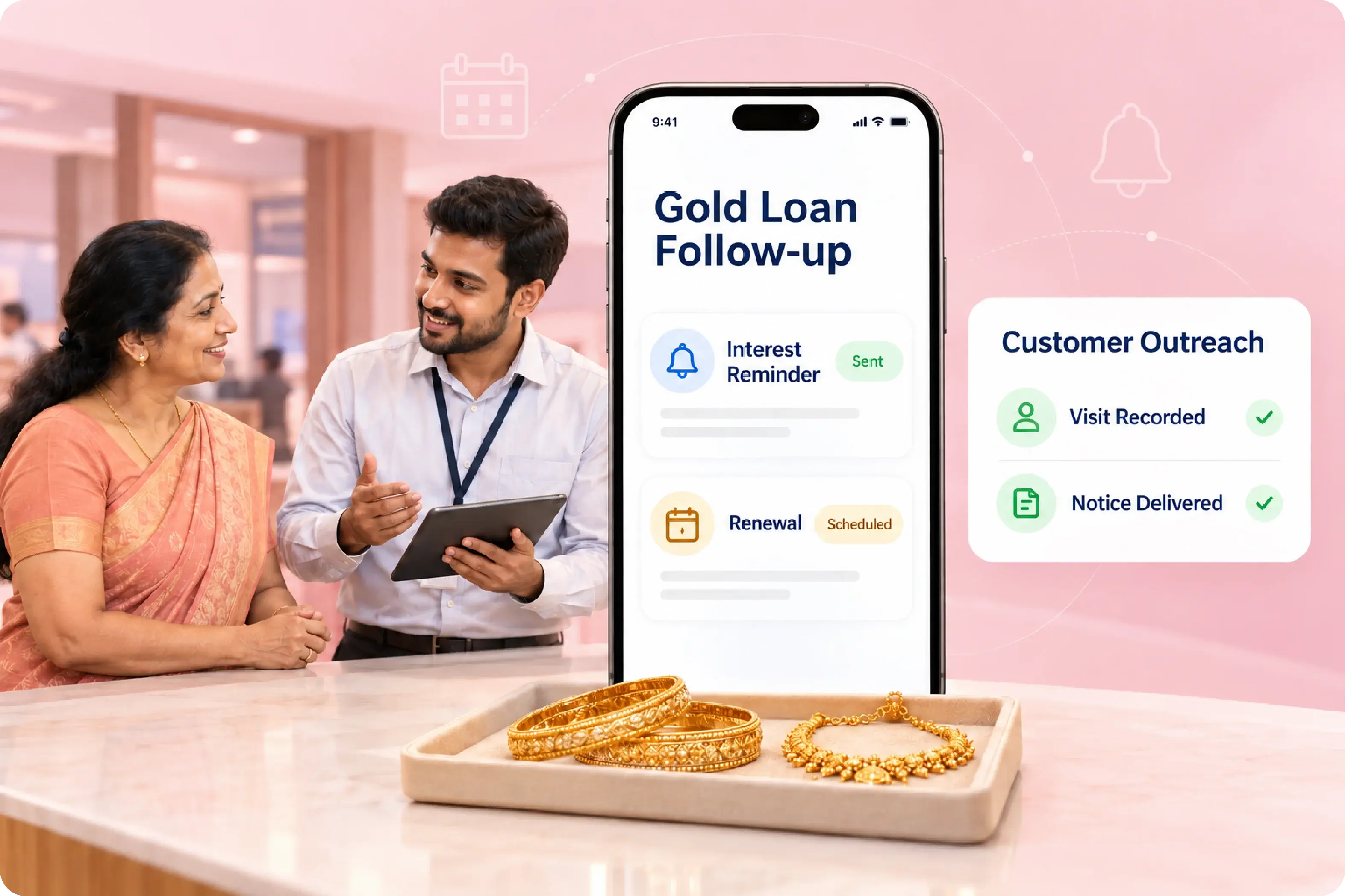 Gold loan branch officer with a customer, sending interest reminders and scheduling renewals, with visits and notices recorded