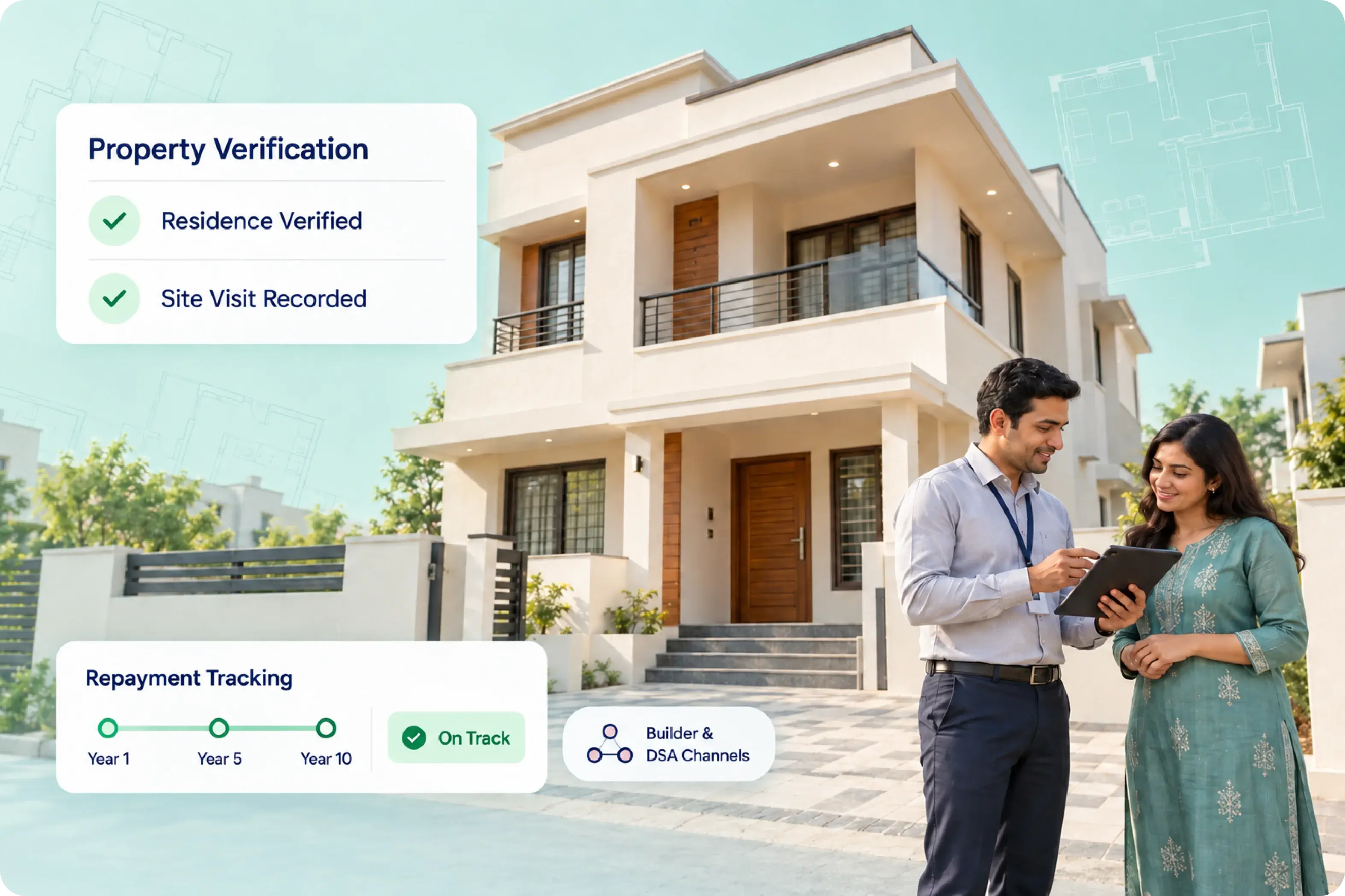 Housing finance officer at a home with the borrower, with residence verified, site visit recorded and repayment on track