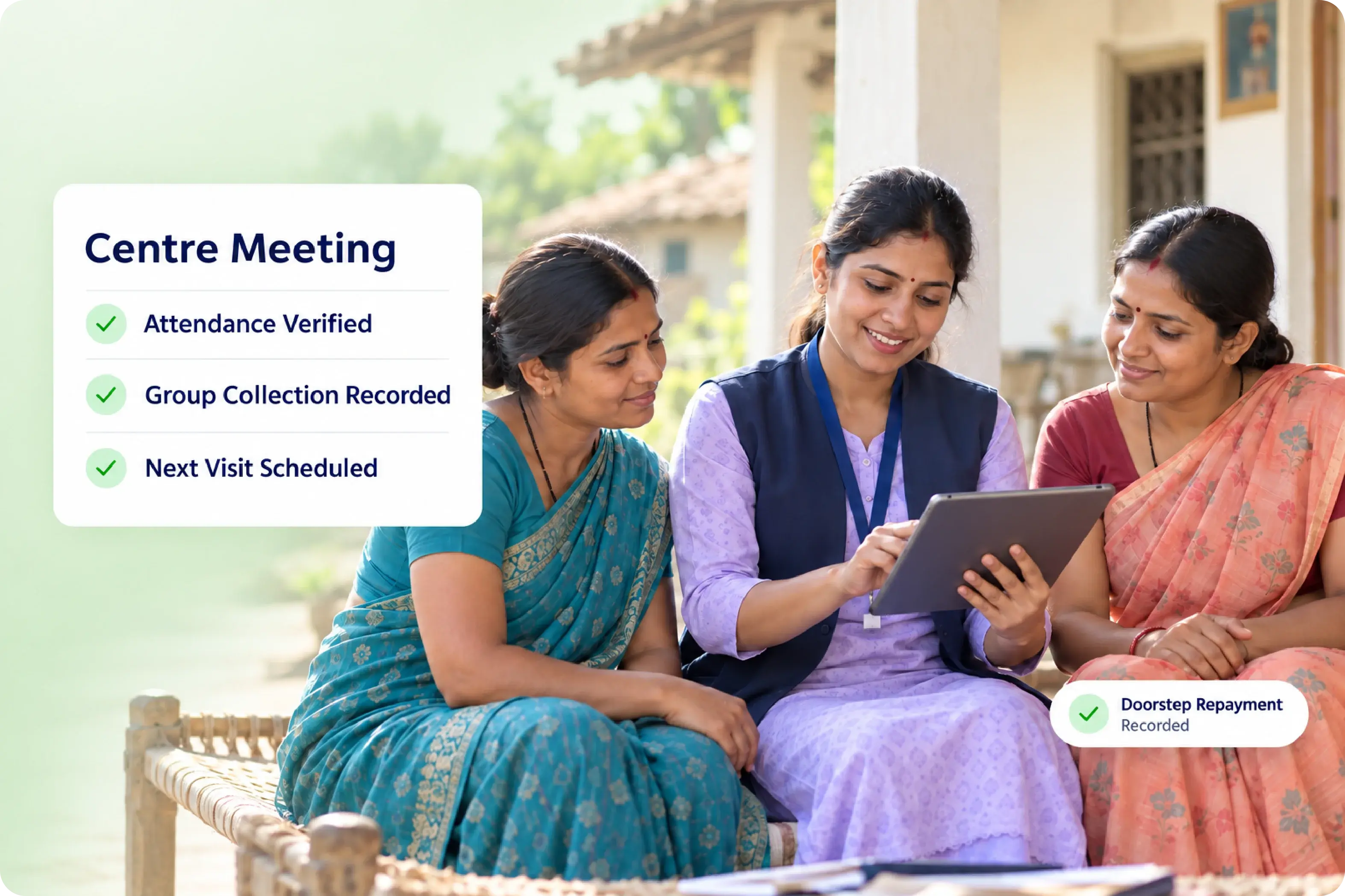 MFI field officer at a centre meeting with women borrowers, recording attendance, group collection and doorstep repayment