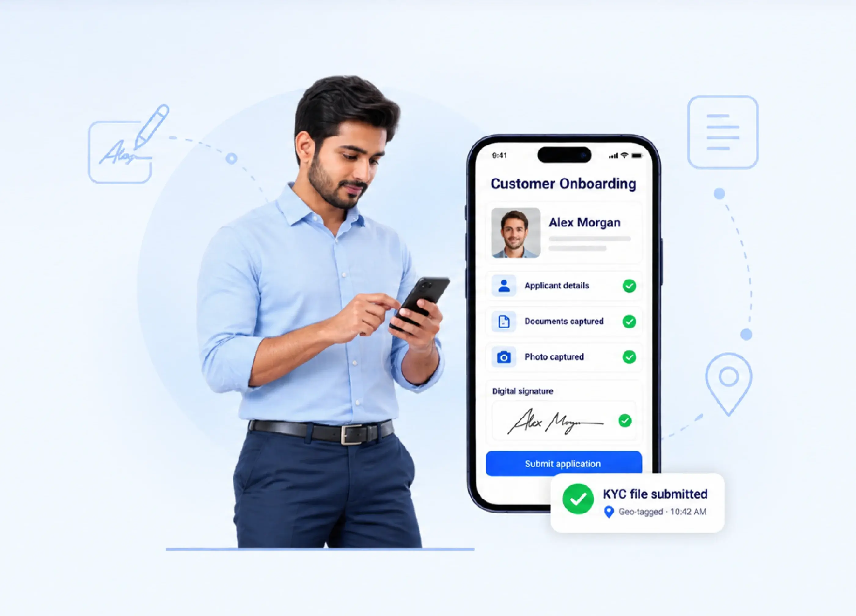 Field officer completing customer onboarding on mobile with applicant details, documents, photo and digital signature captured and a geo-tagged KYC file submitted