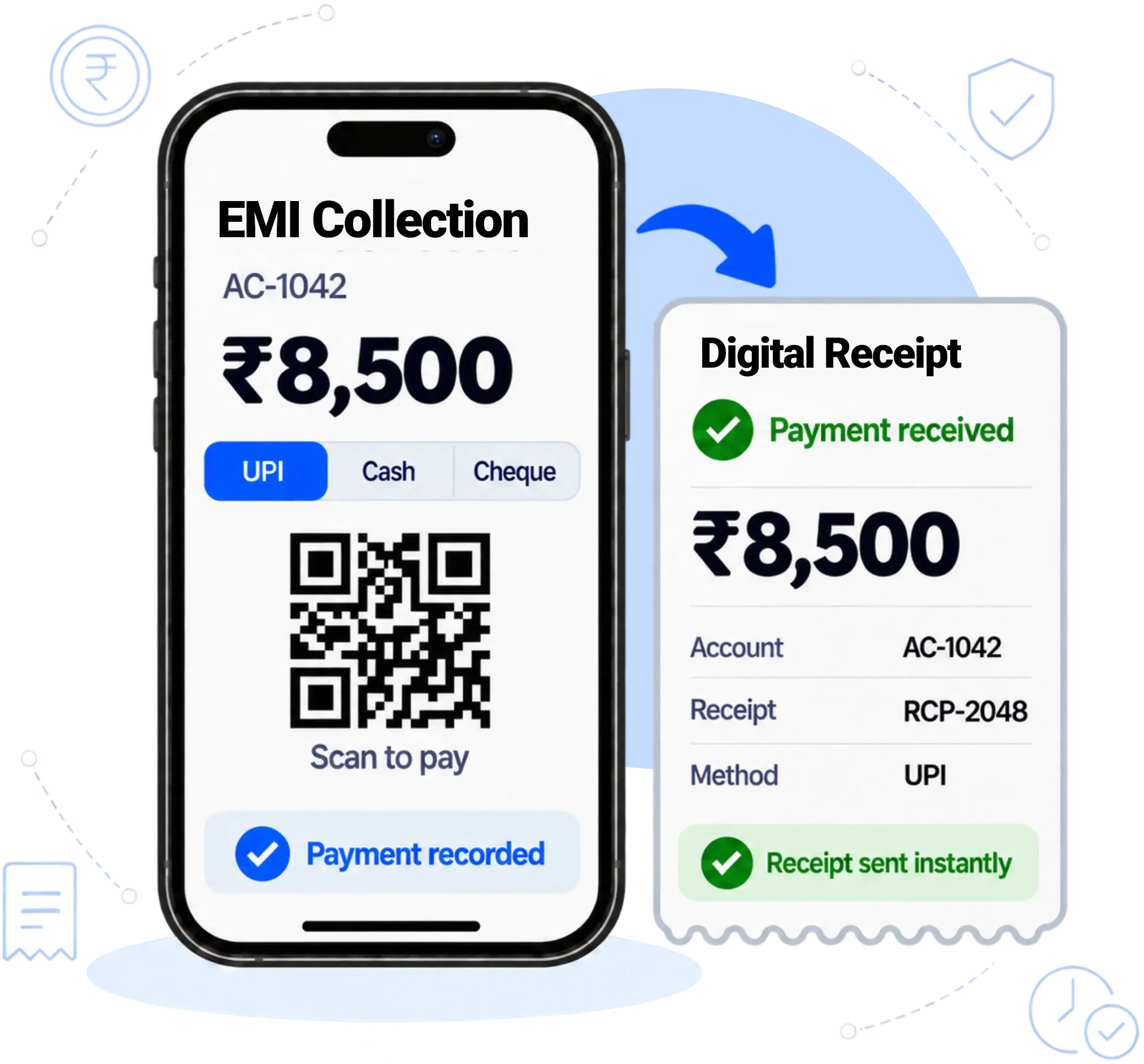 Doorstep EMI collection by UPI, cash or cheque on mobile, with the payment recorded and an instant digital receipt sent