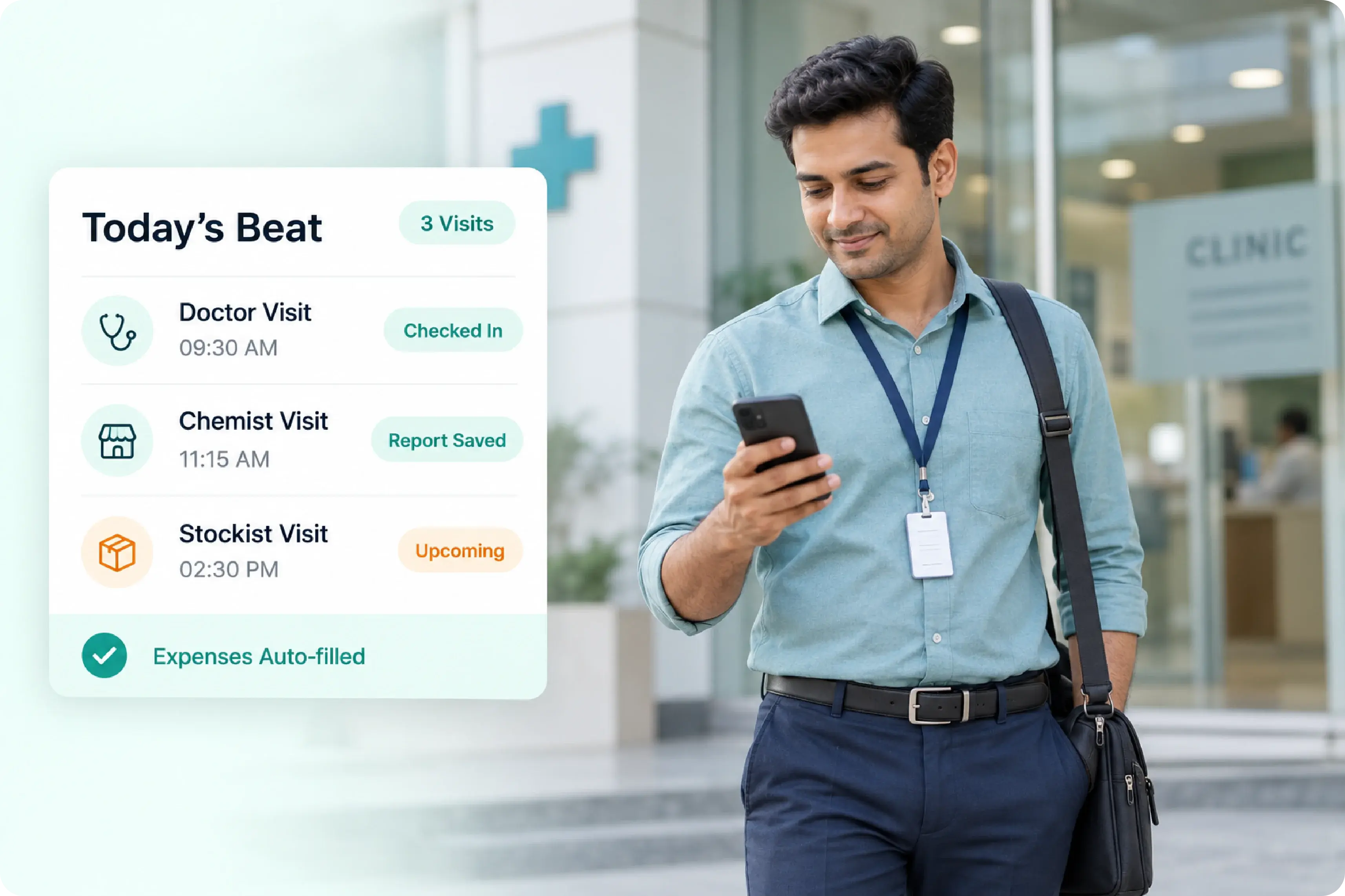 Medical representative outside a clinic checking today's beat on his phone: doctor visit checked in, chemist visit report saved, stockist visit upcoming and expenses auto-filled