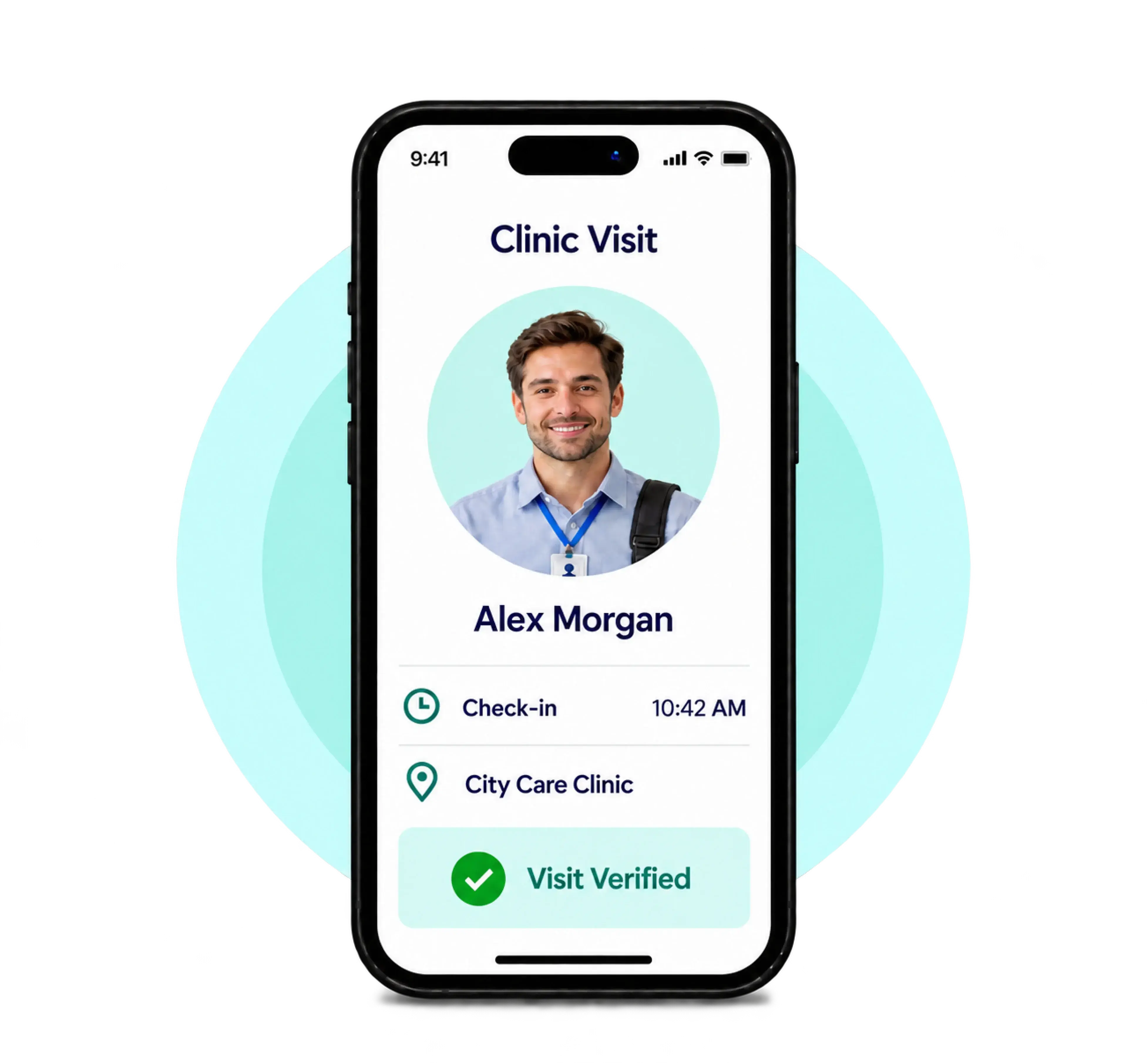 Clinic visit on the TrackOlap app: a medical representative checked in at City Care Clinic at 10:42 AM with the visit verified