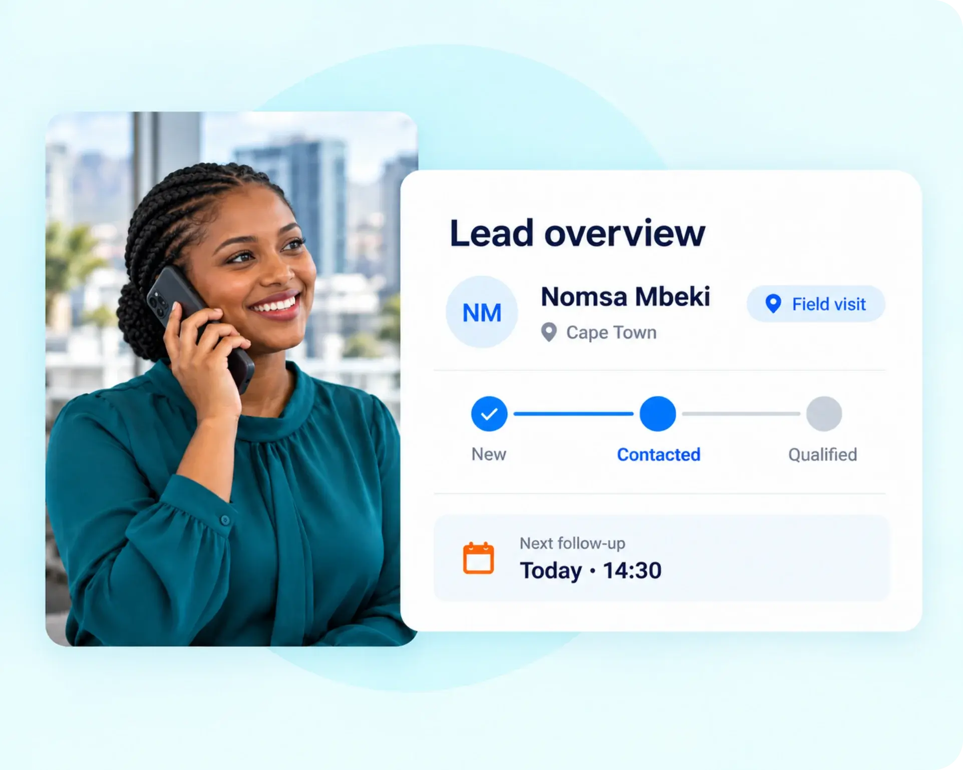 TrackOlap lead capture with source and scheduled follow-ups in the sales pipeline