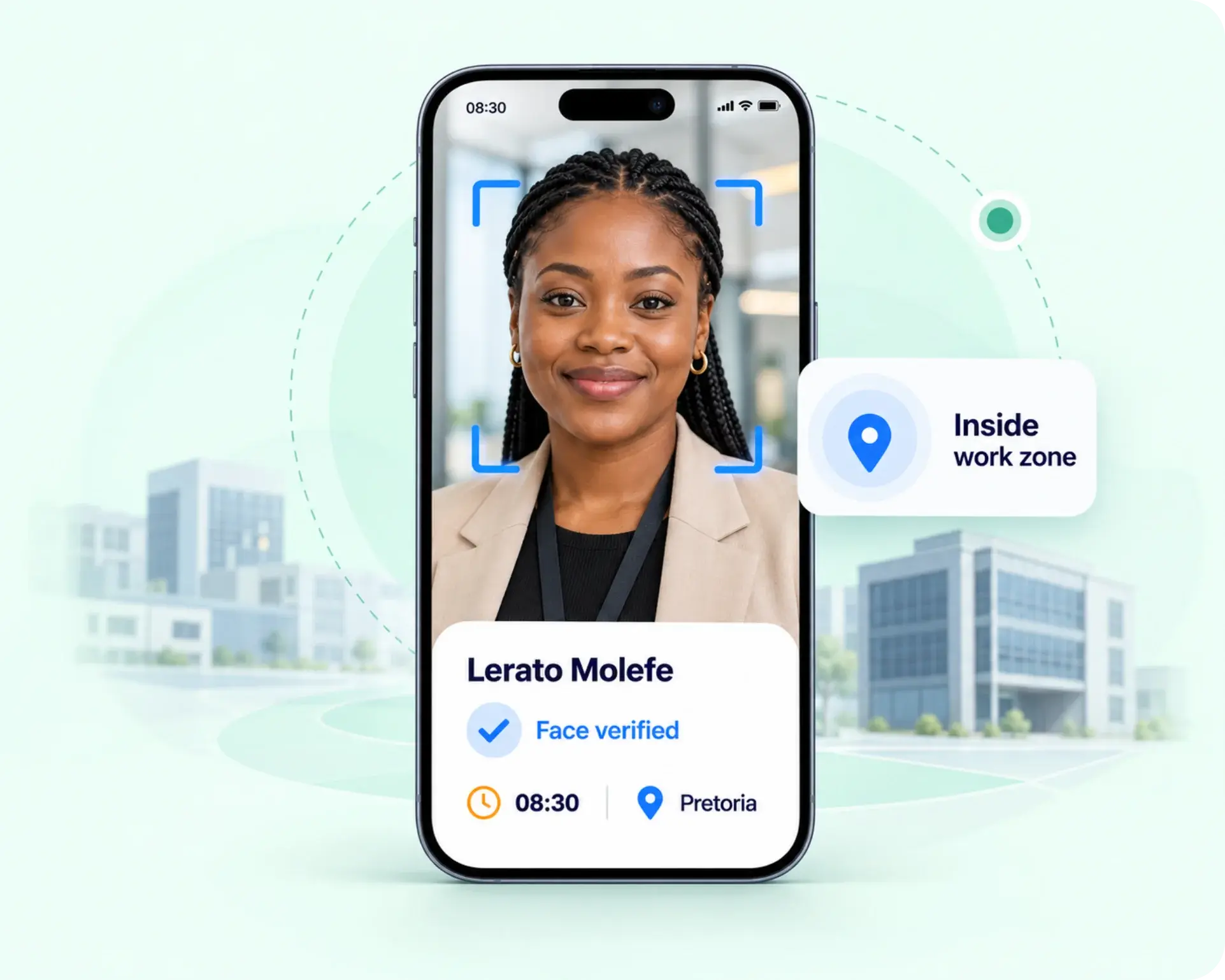 TrackOlap face-verified, geo-fenced attendance check-in for a field team member