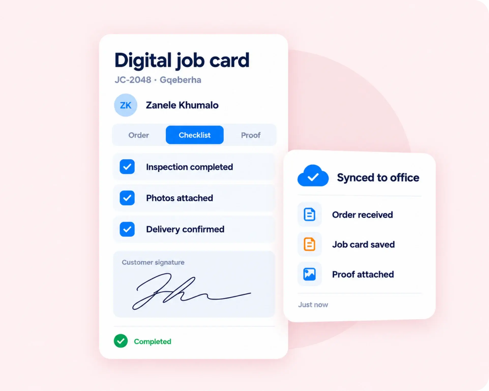 TrackOlap digital orders, job cards and checklists completed in the field app