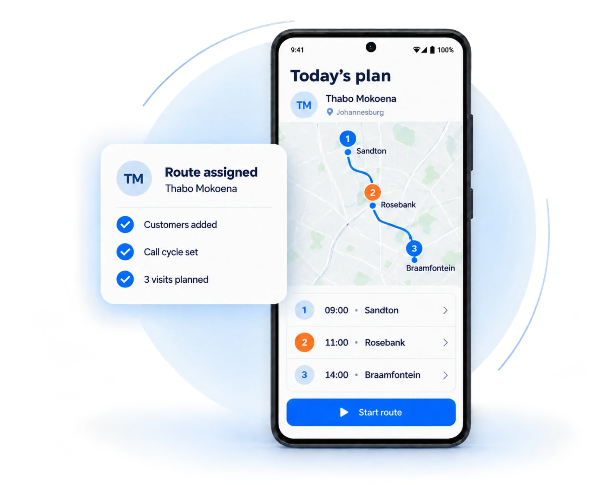 Sales rep's day plan in the TrackOlap app with an assigned route of three customer visits across Johannesburg