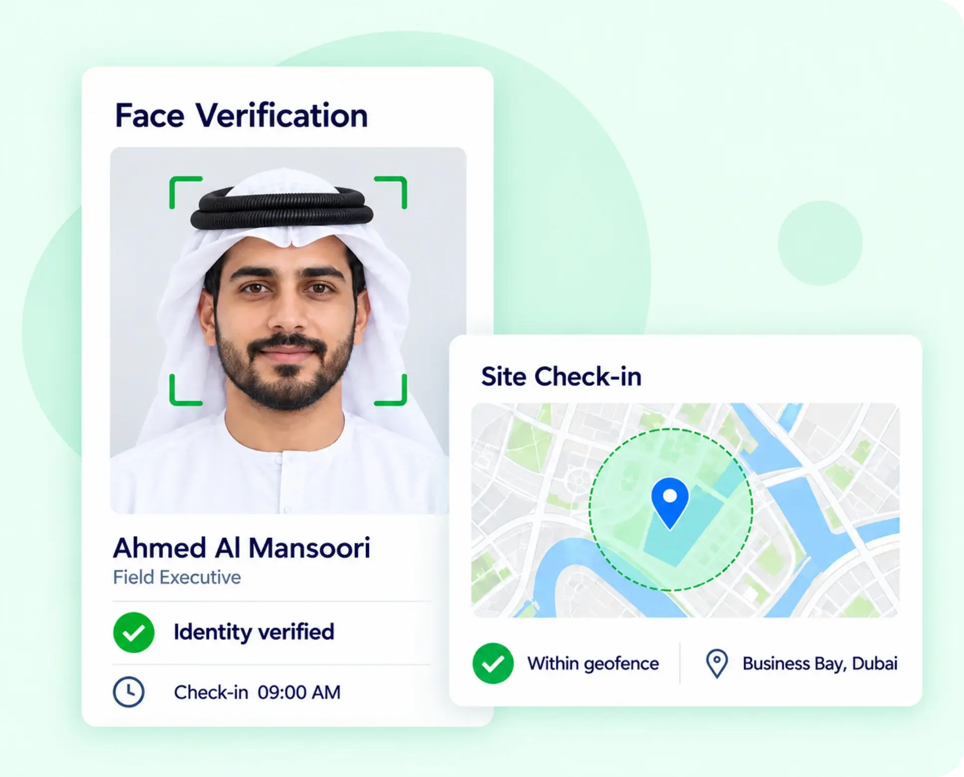 TrackOlap face verification and geo-fenced site check-in in Business Bay, Dubai