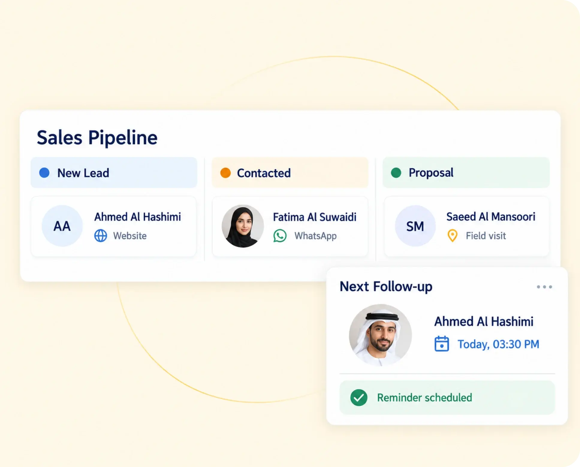 TrackOlap lead captured with its source and a scheduled follow-up