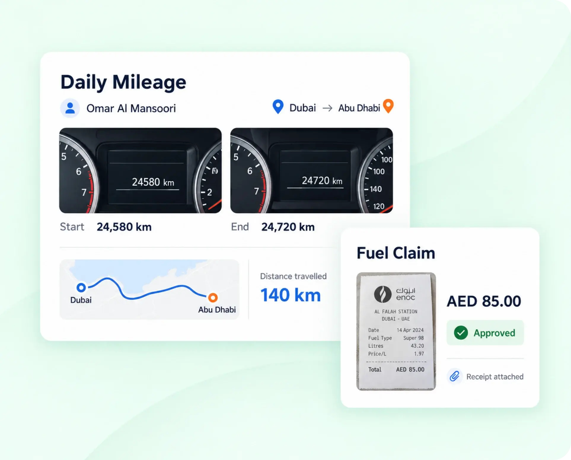 TrackOlap fuel and mileage claim with odometer readings and a receipt photo