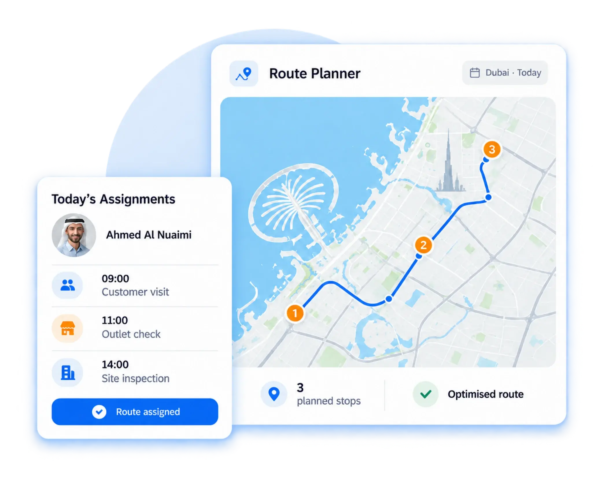 TrackOlap route planner in Dubai with today's assignments and an optimised three-stop route