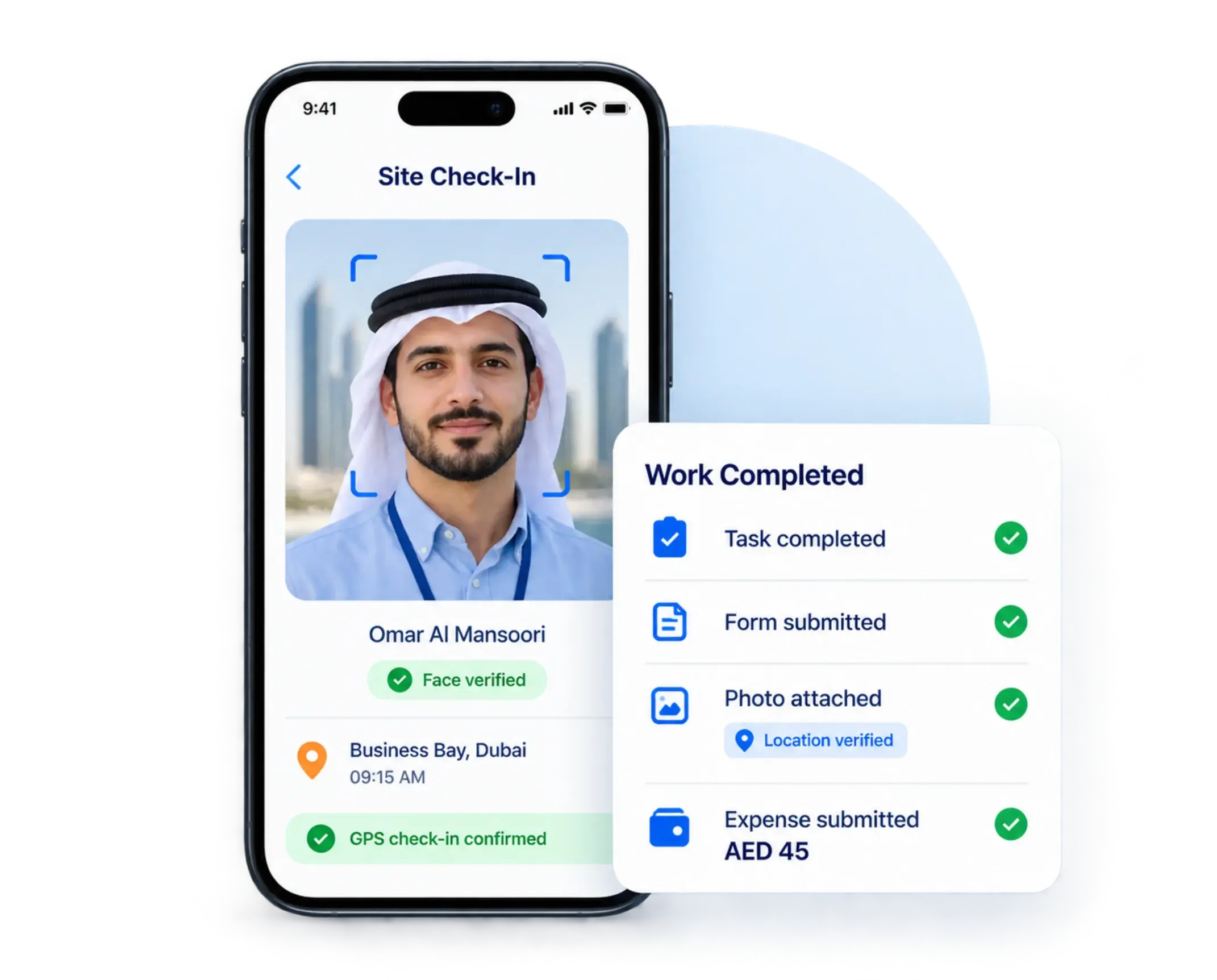 Face-verified GPS site check-in in Business Bay, Dubai, with the task, form, photo and expense completed in the TrackOlap app