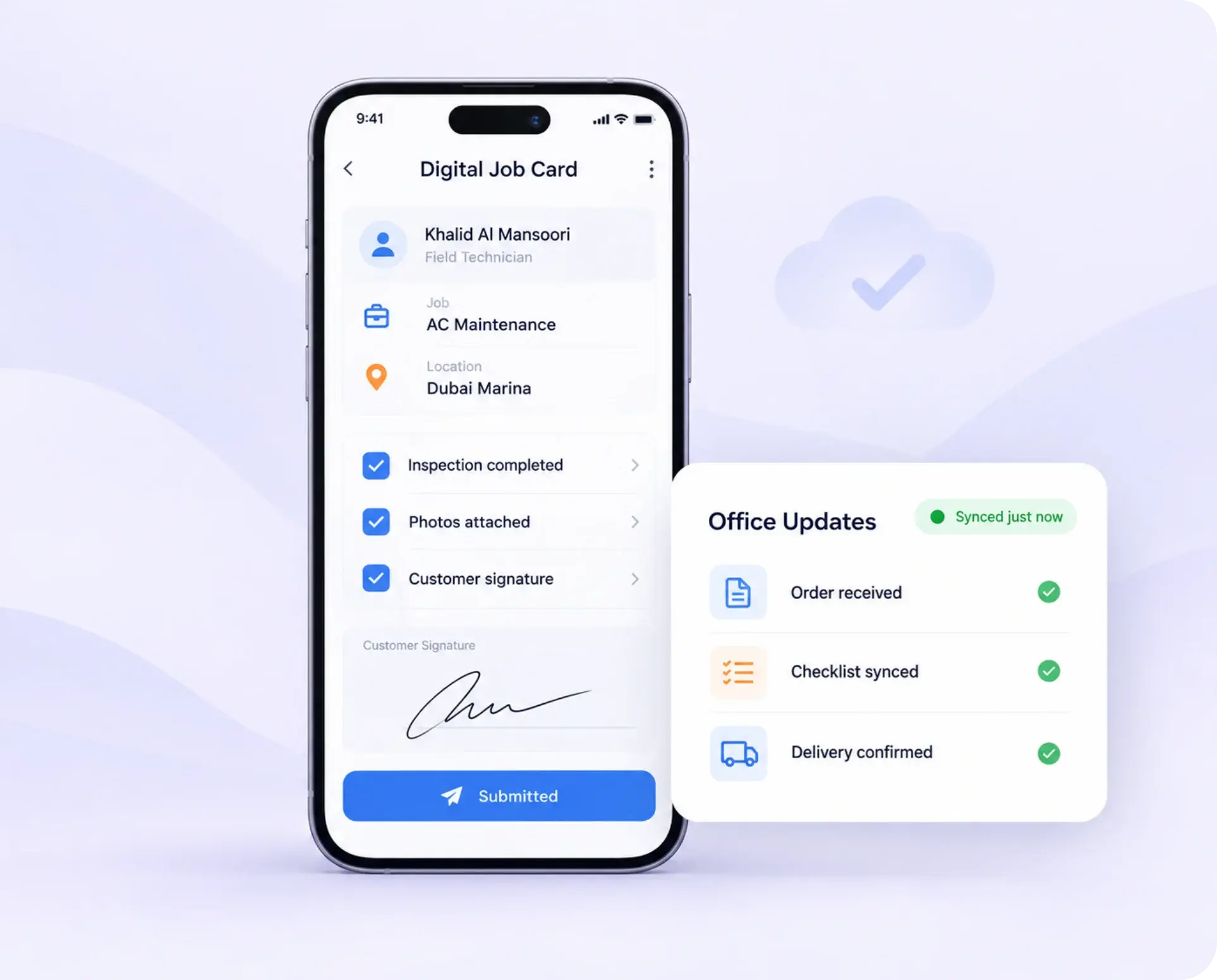 TrackOlap digital order, job card and proof of delivery completed in the app