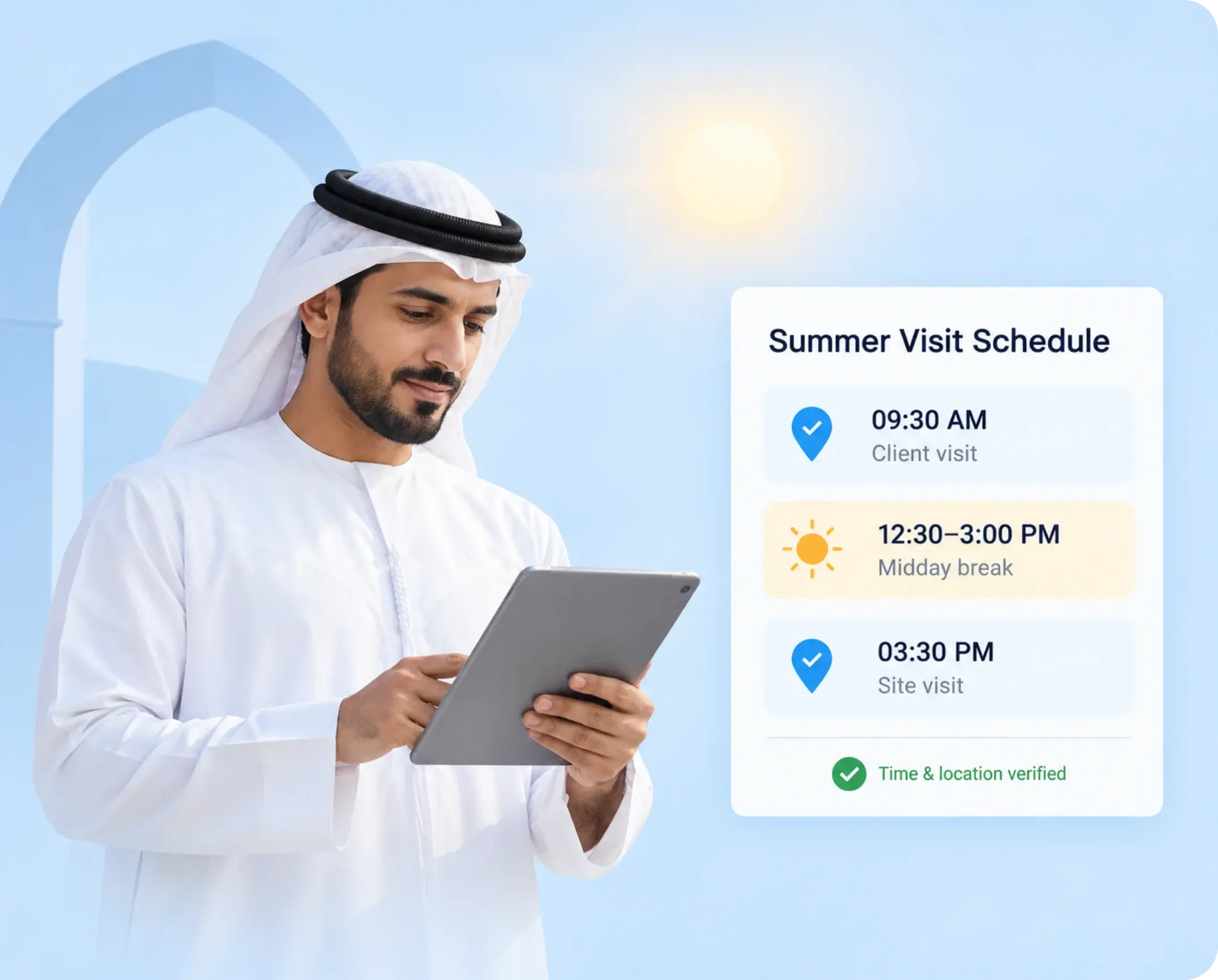 Summer visit schedule in TrackOlap planned around the 12:30 to 3:00 pm midday break