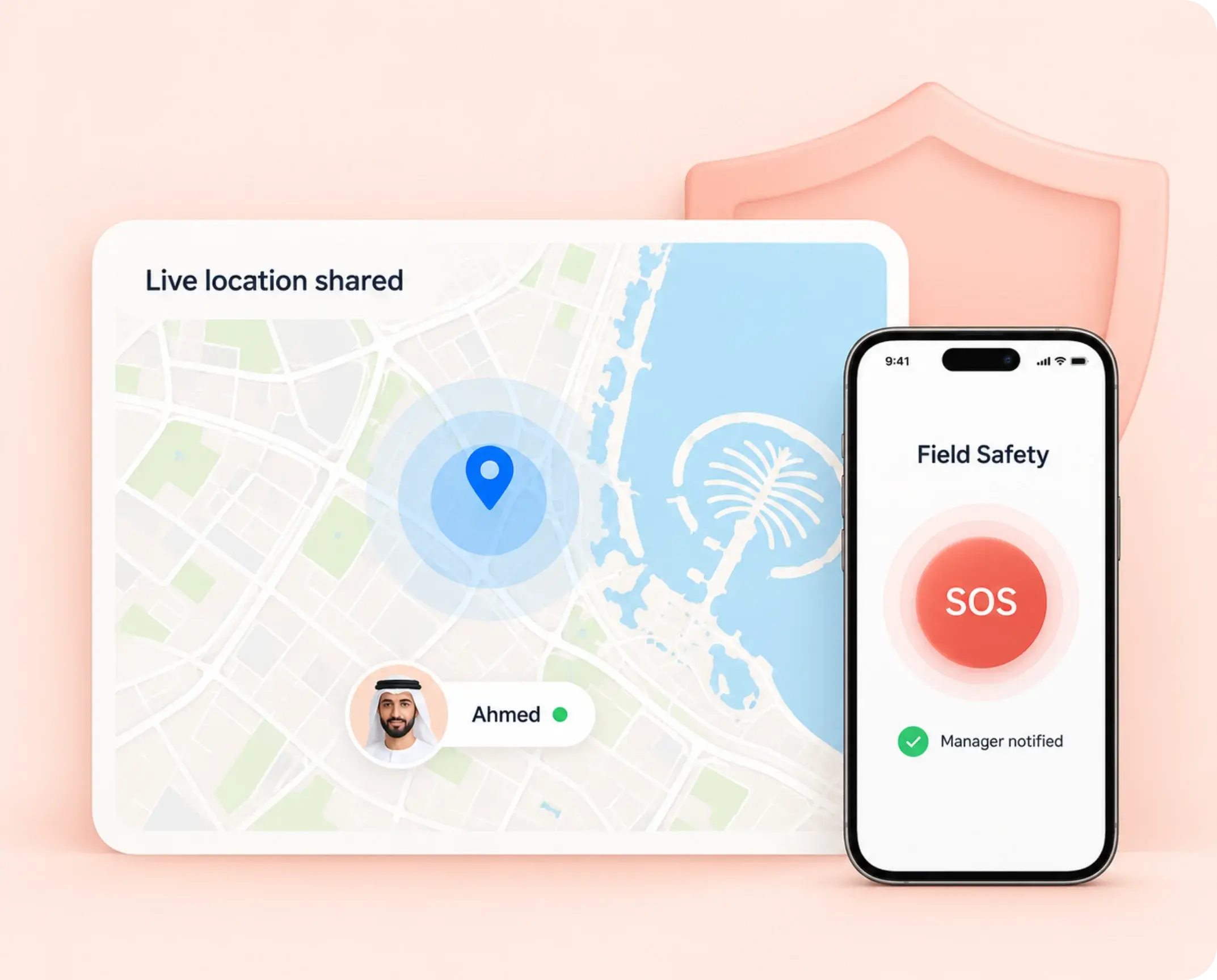 SOS button in the TrackOlap app sharing a field employee's live location in Dubai with their manager