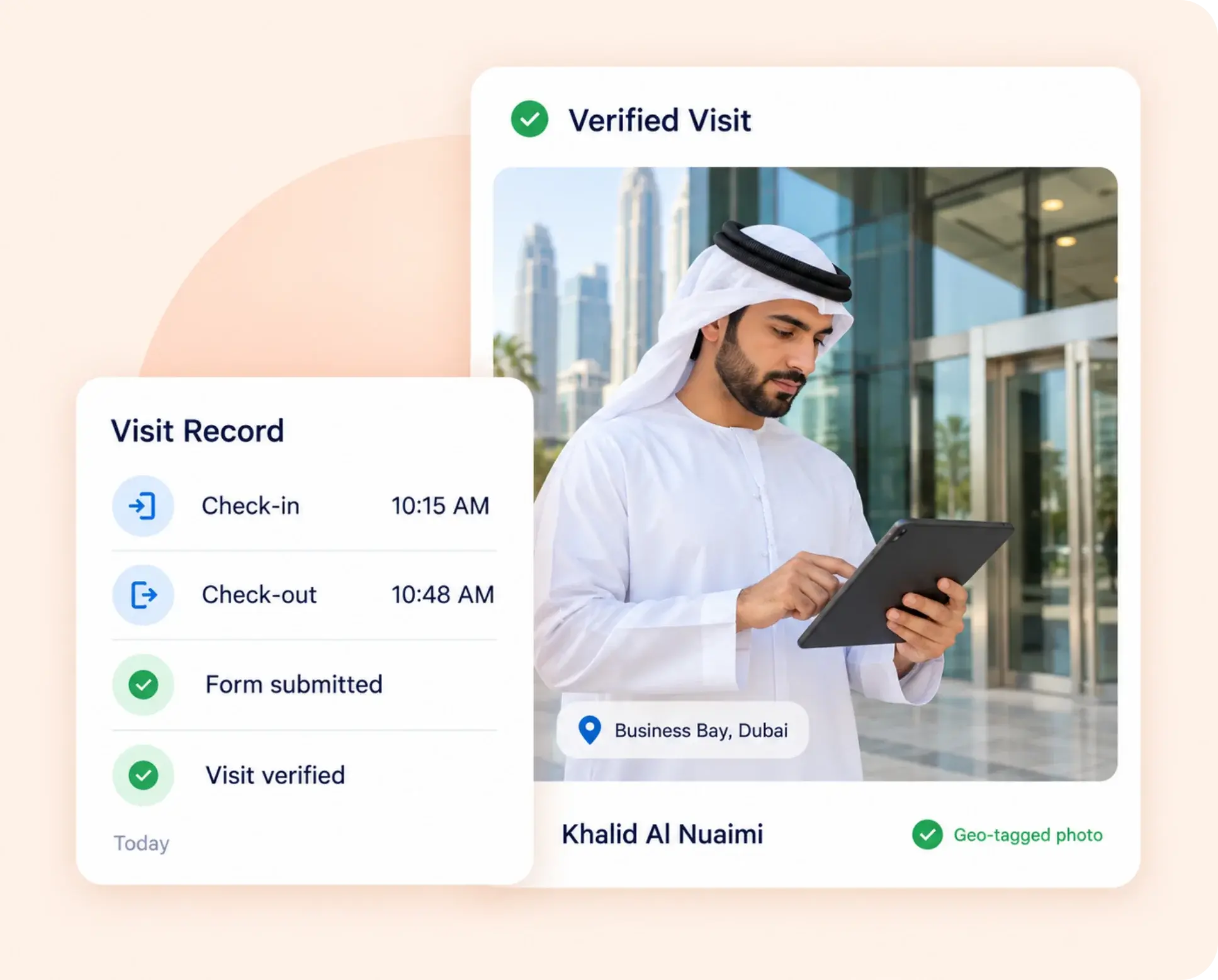 Verified visit in TrackOlap with check-in and check-out times, a submitted form and a geo-tagged photo in Business Bay, Dubai