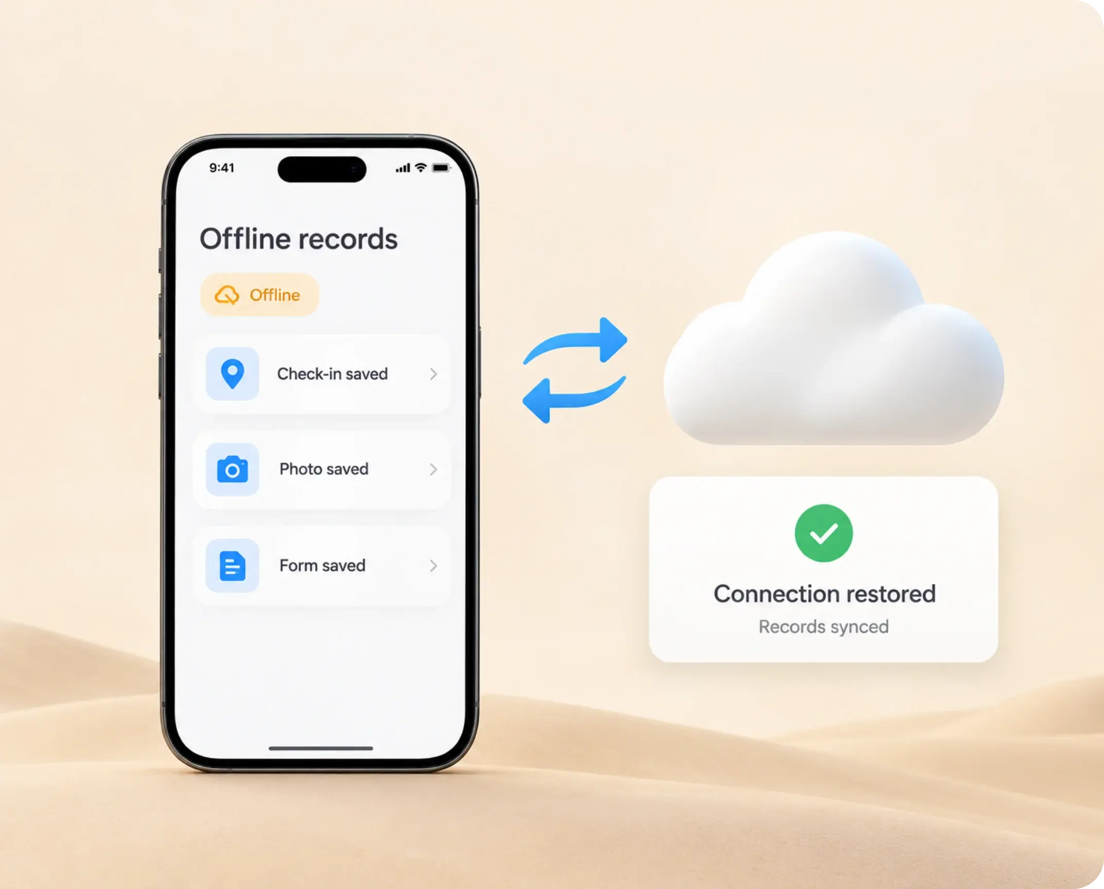 Check-in, photo and form saved offline in the TrackOlap app and synced when the connection returns