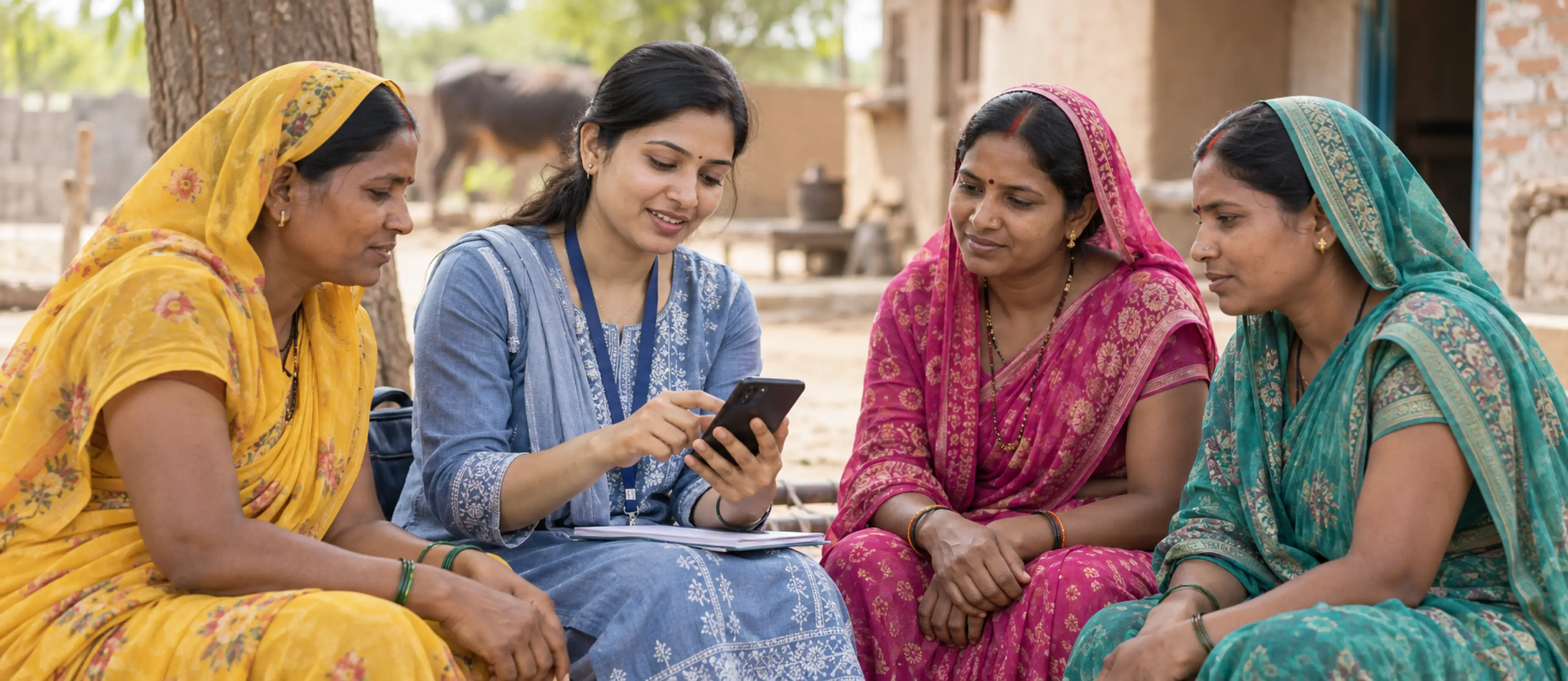 MFI loan officer showing the TrackOlap app to women at a village centre meeting