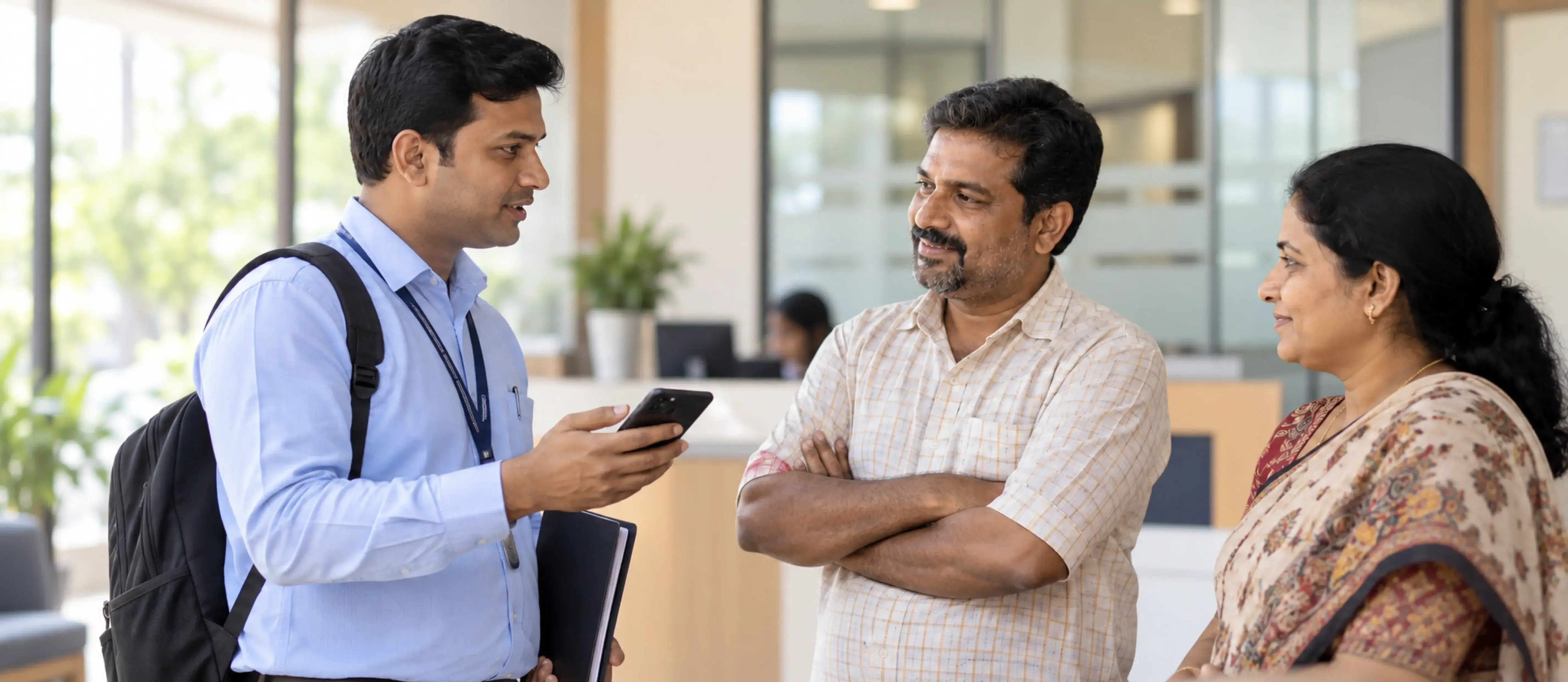 NBFC field officer talking a couple through their loan on his phone