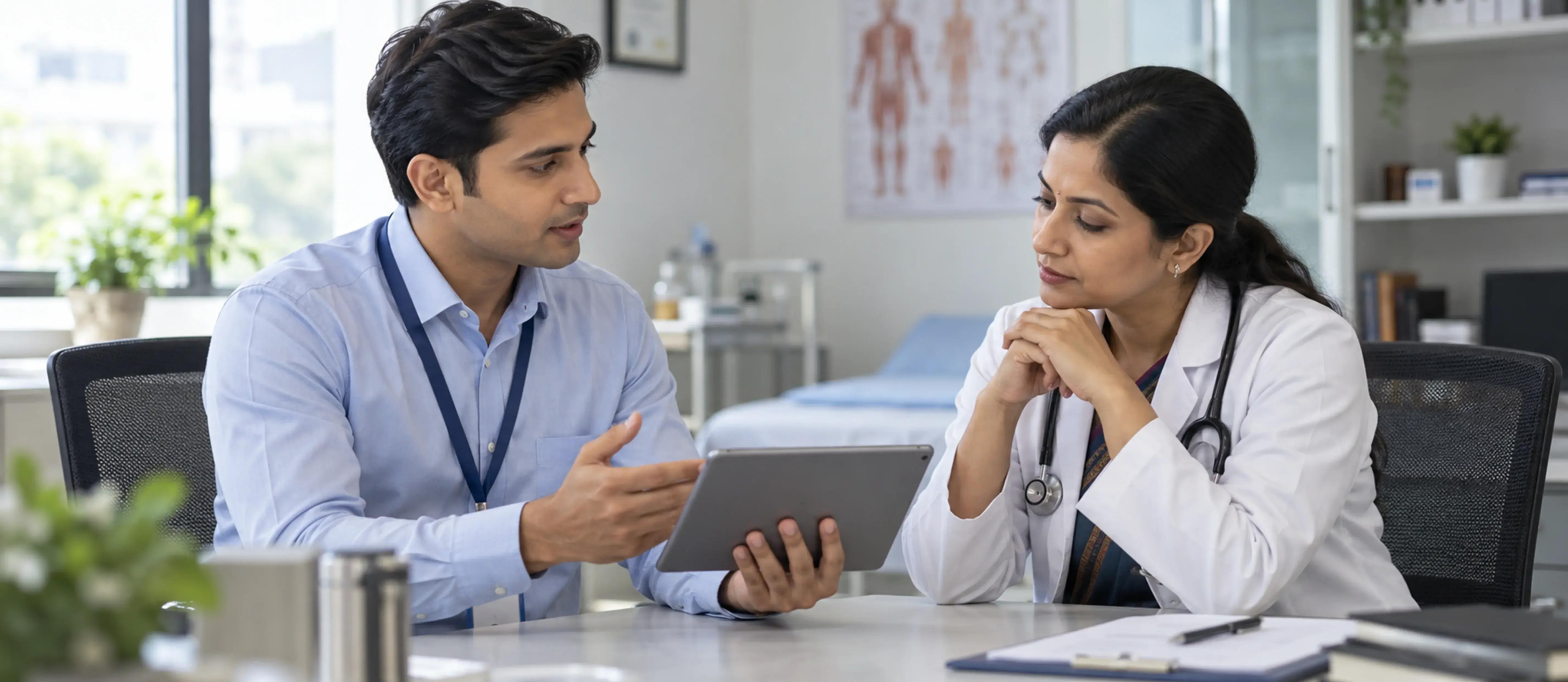 Medical representative presenting to a doctor on a tablet