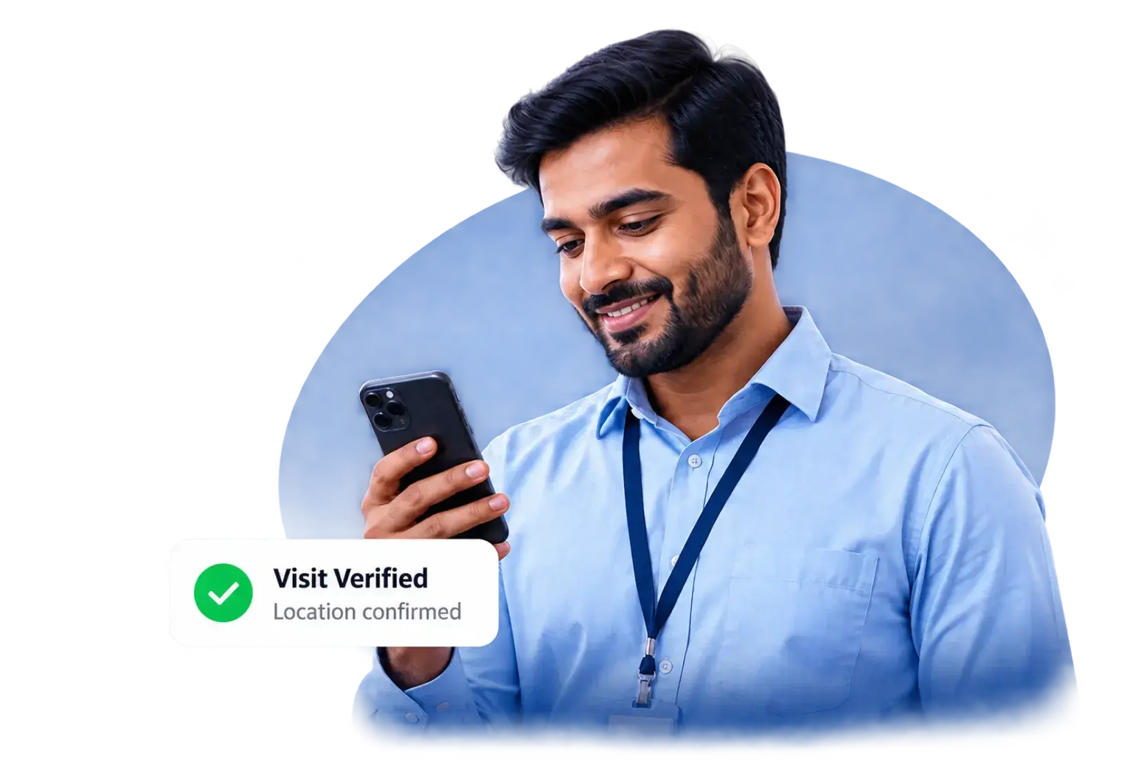Field executive checking his phone with a TrackOlap Visit Verified, Location confirmed card