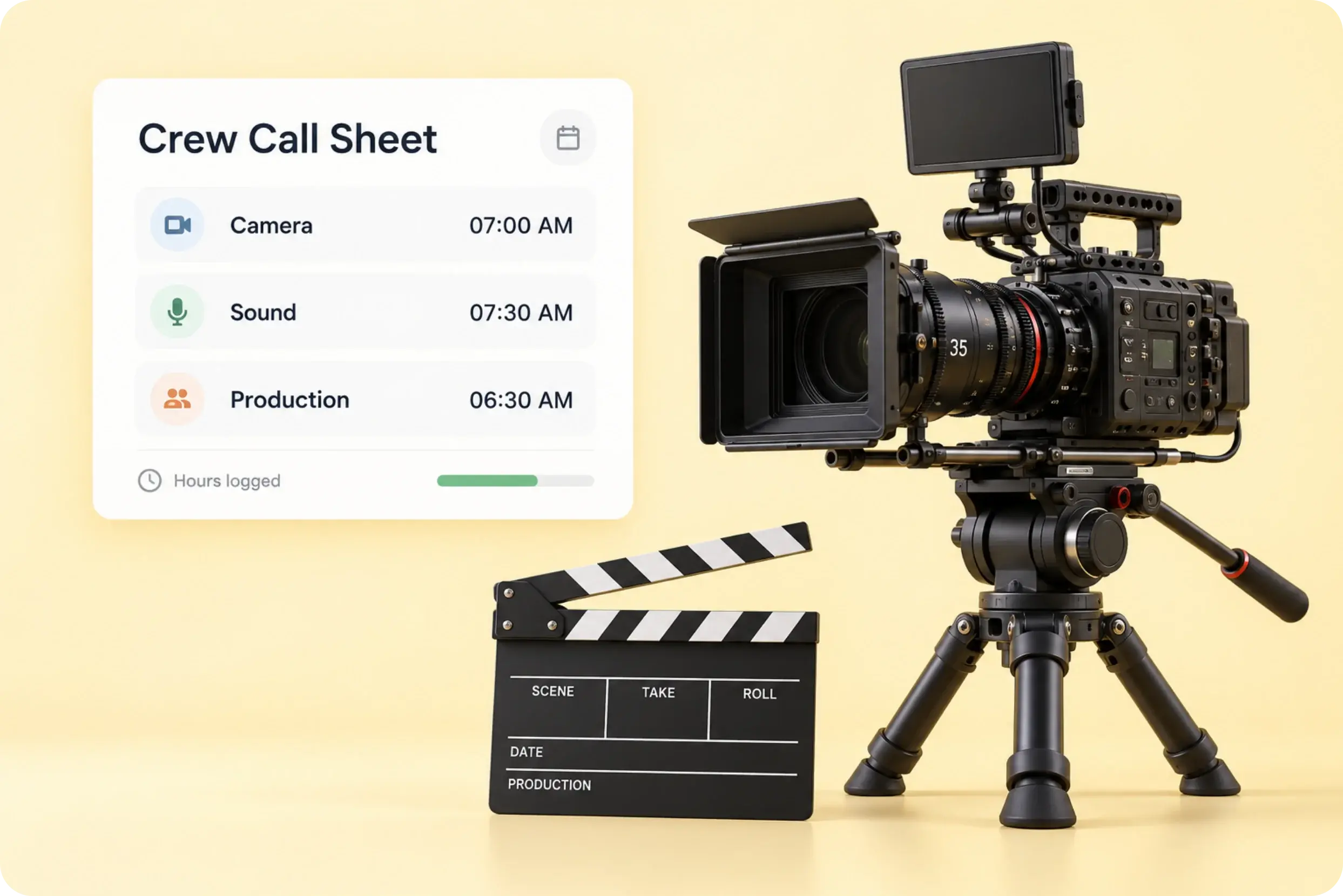 Film production crew call sheet with on-location call times