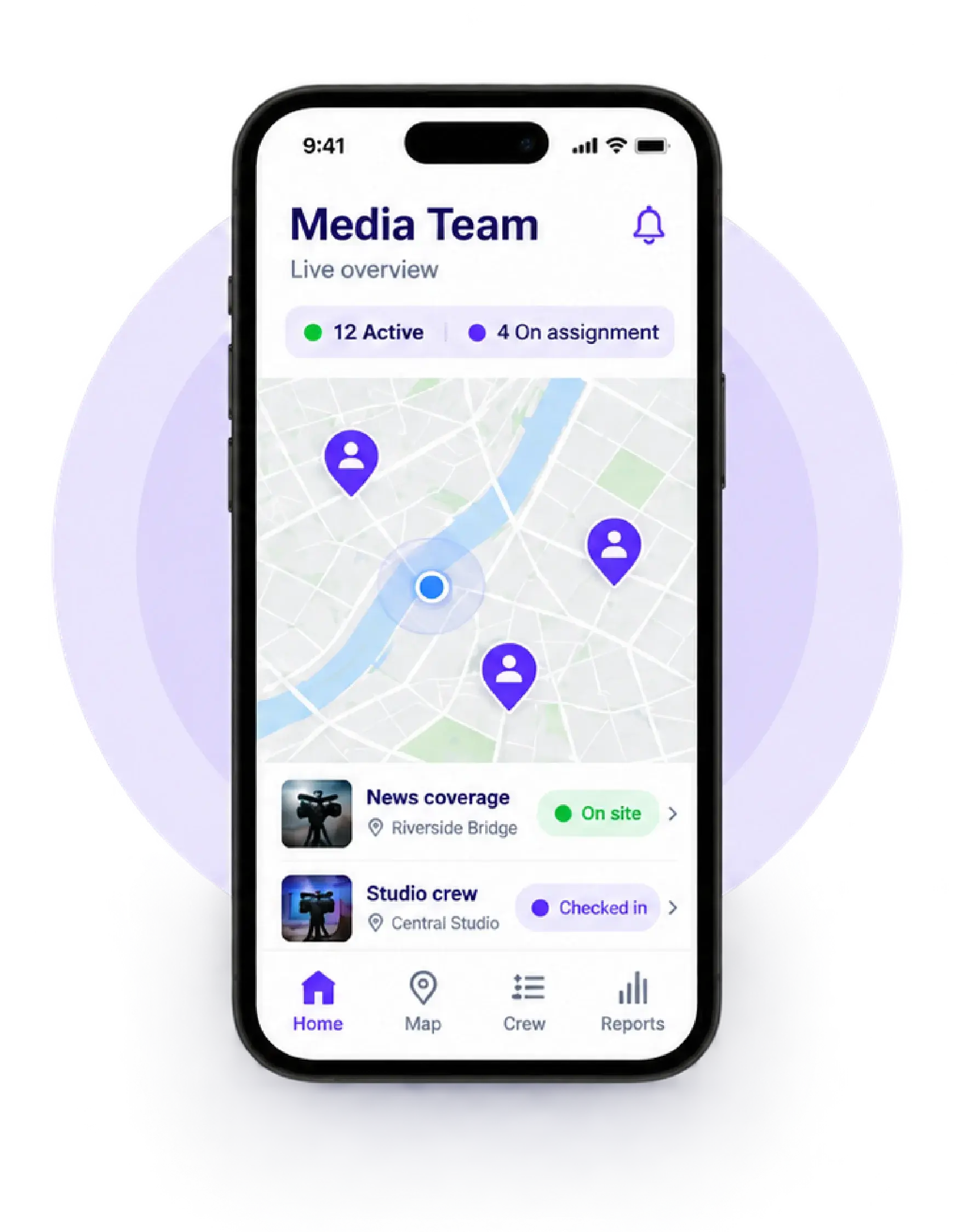 TrackOlap app on a phone showing a live map of the media team, with news and studio crews on site and checked in