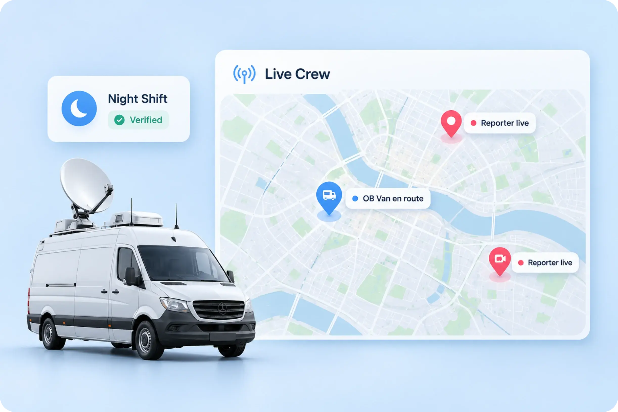 24x7 news desk shifts and live locations of reporters and OB vans for a broadcaster