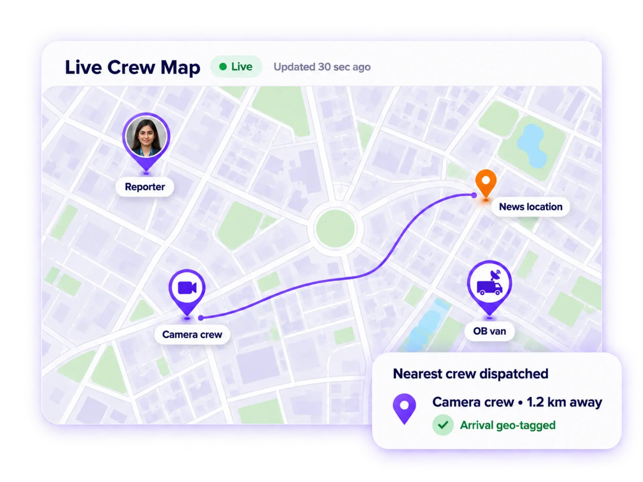 Live map of reporters and camera crews across a city