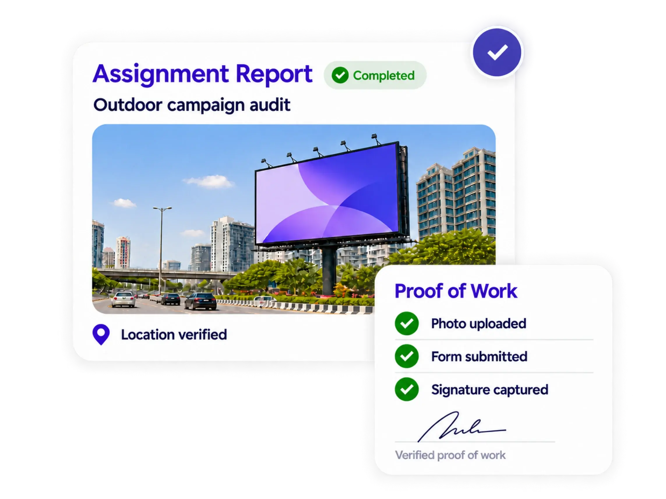 Task card with geo-tagged photo proof from an OOH billboard audit