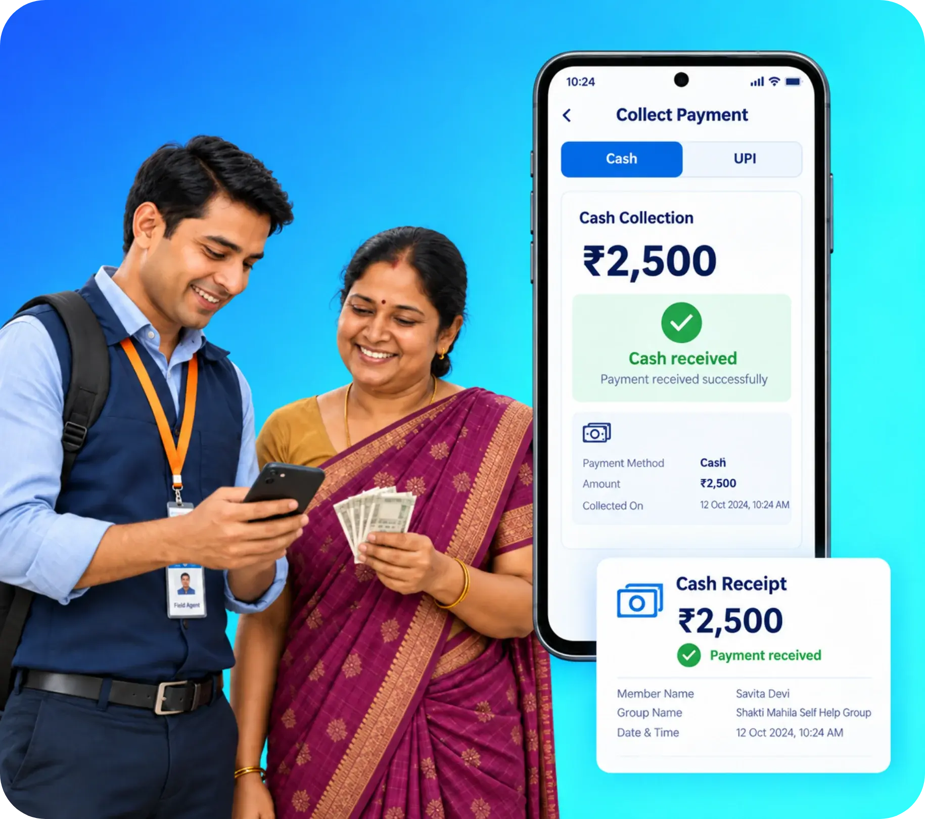 TrackOlap Collect UPI QR repayment and digital receipt at an MFI center meeting