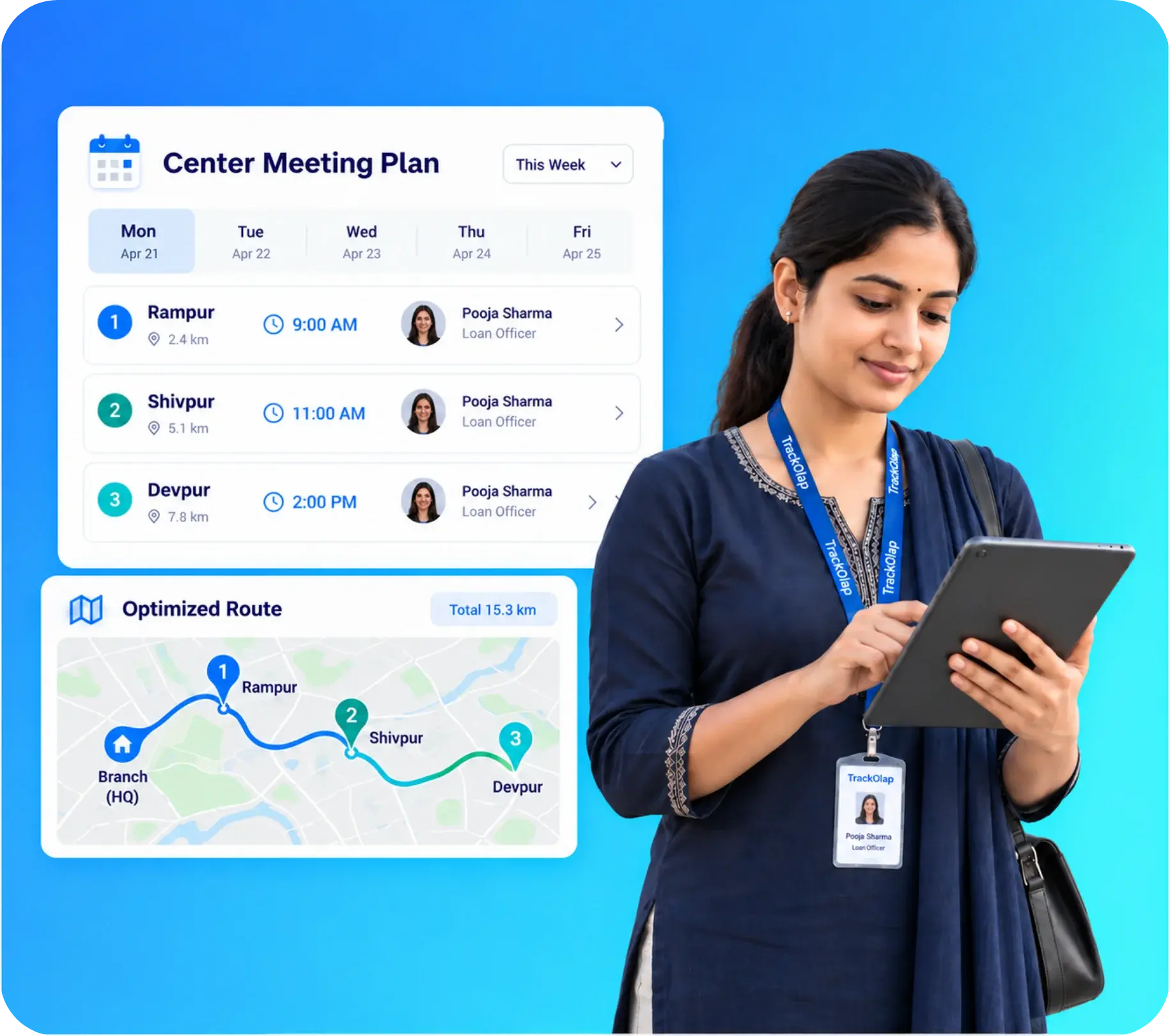 TrackOlap Collect center meeting calendar and automated loan officer beat plan