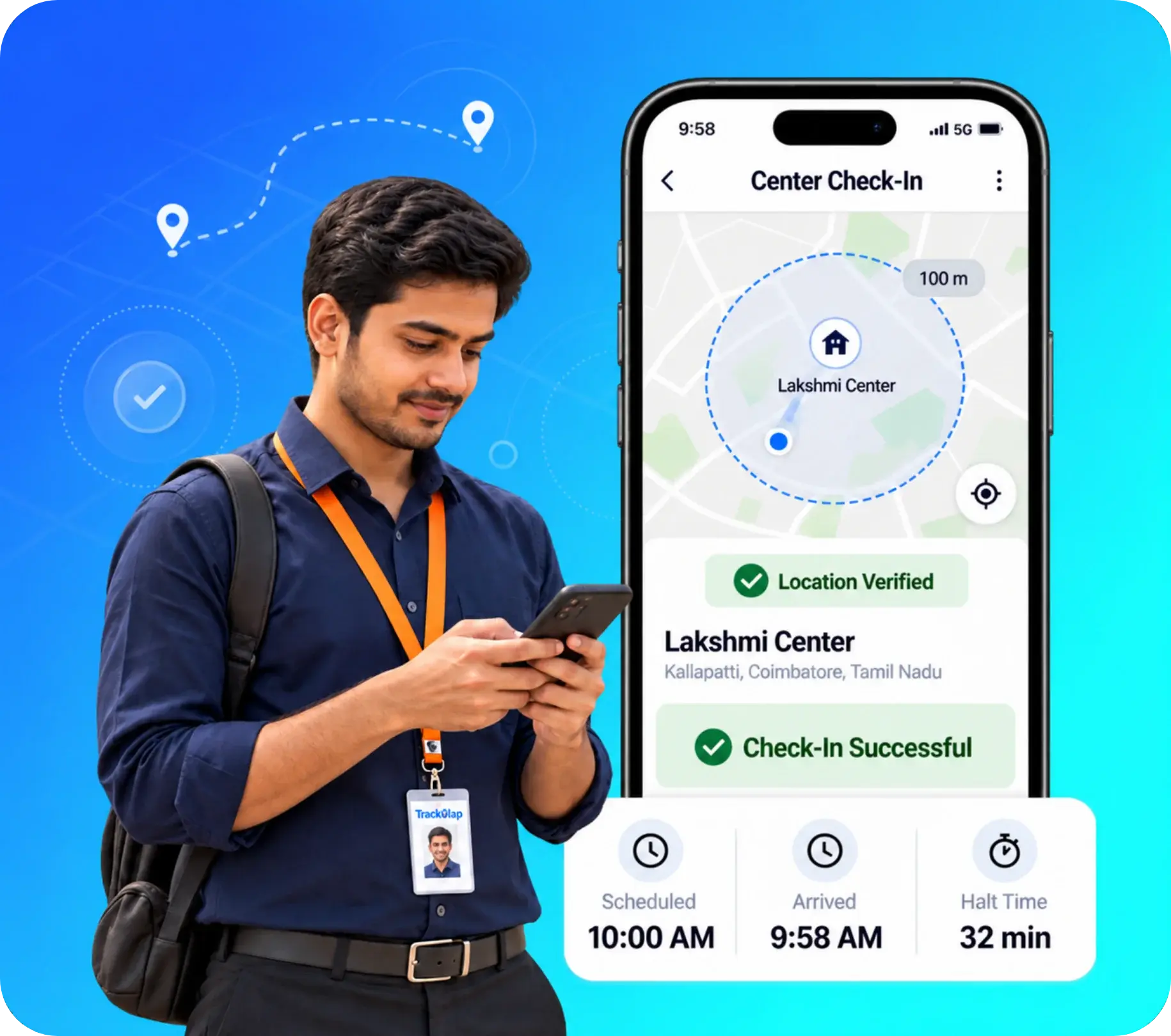 TrackOlap Collect location-verified center visit with arrival and halt-time records