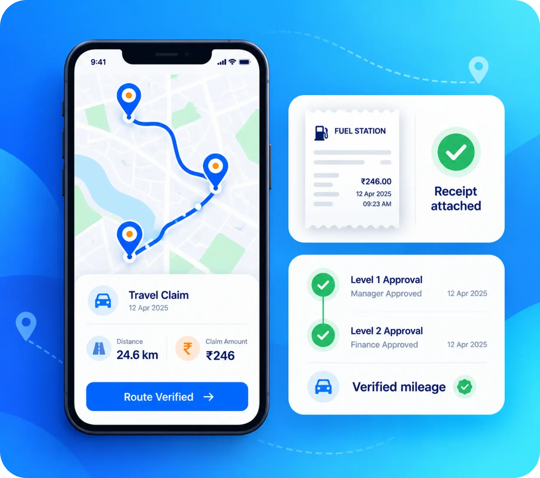TrackOlap Collect multi-level approval workflow for route-verified loan officer reimbursements