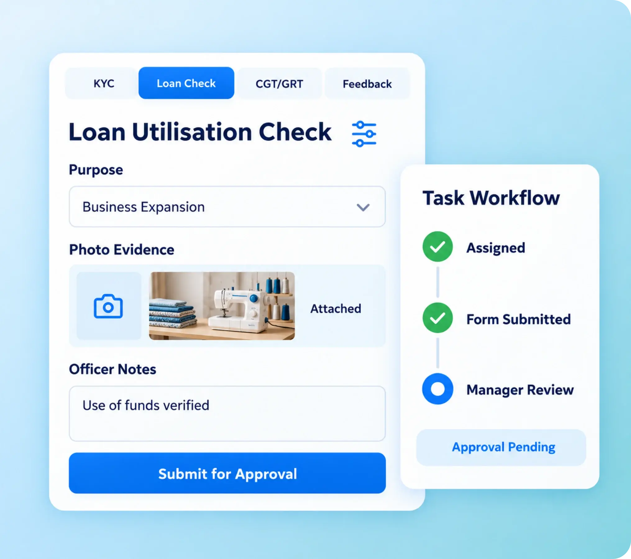 Configurable forms for KYC checks, loan utilisation checks and CGT/GRT attendance