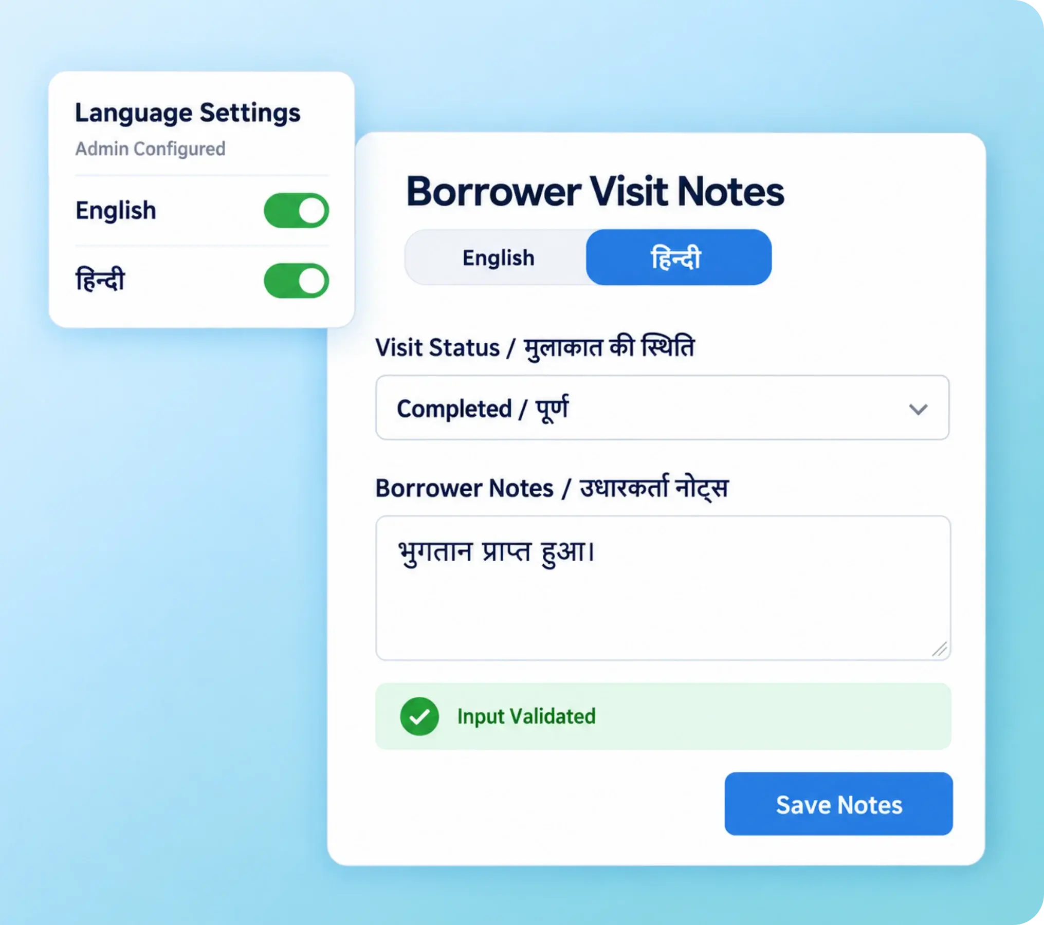 Field form configured to accept borrower notes in English and Hindi