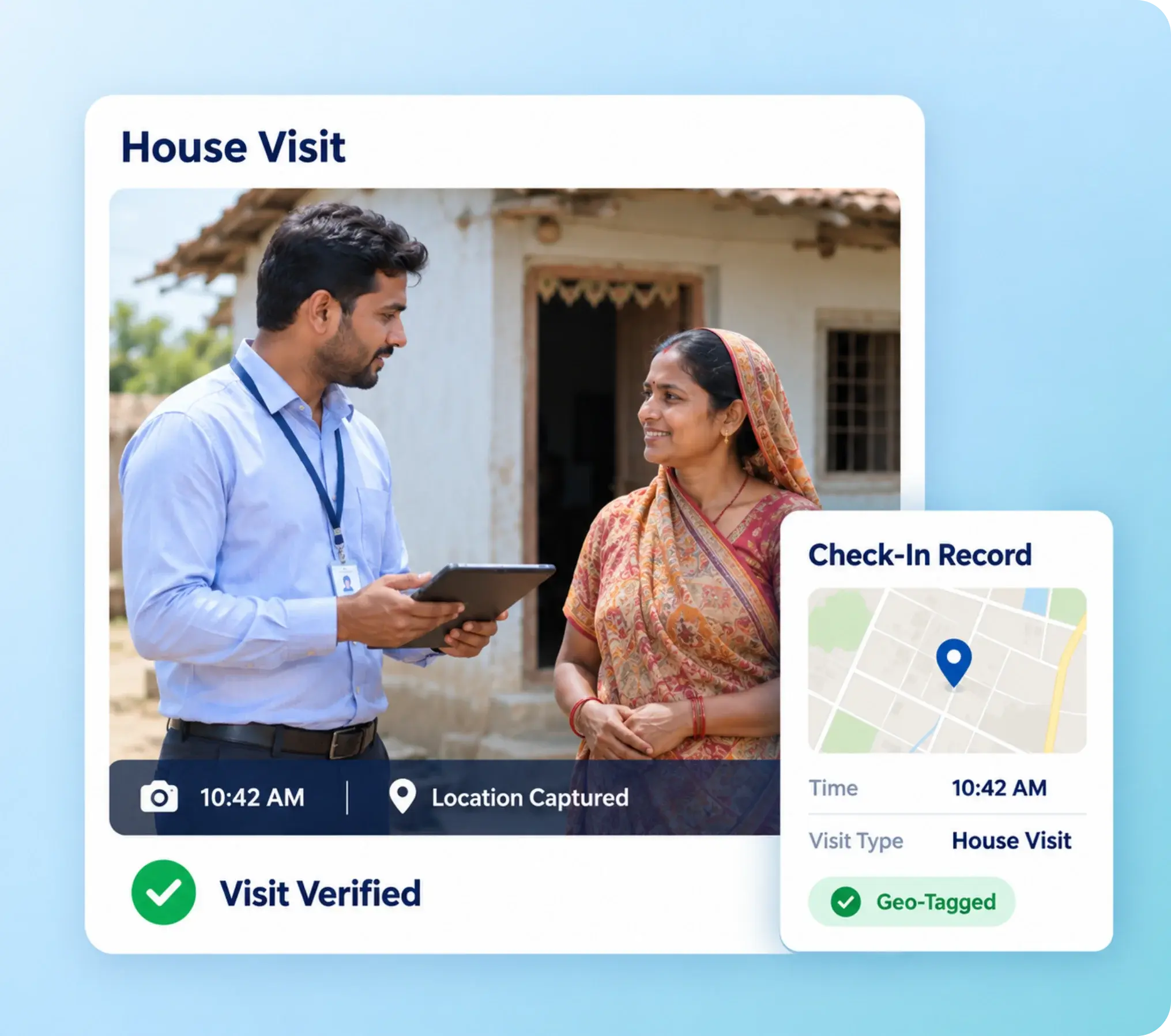 Time-stamped, location-stamped check-ins for center meetings and house visits
