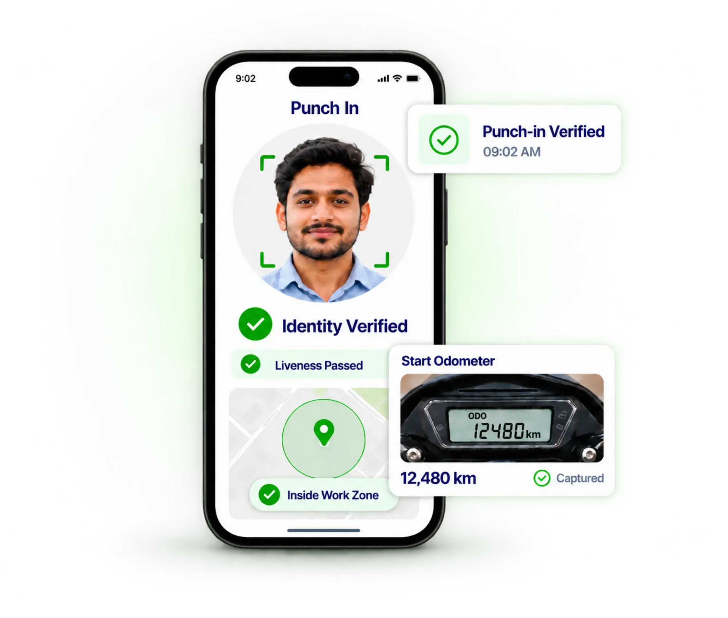 Loan officer punching in with face verification, geo-fence and odometer photo in TrackOlap