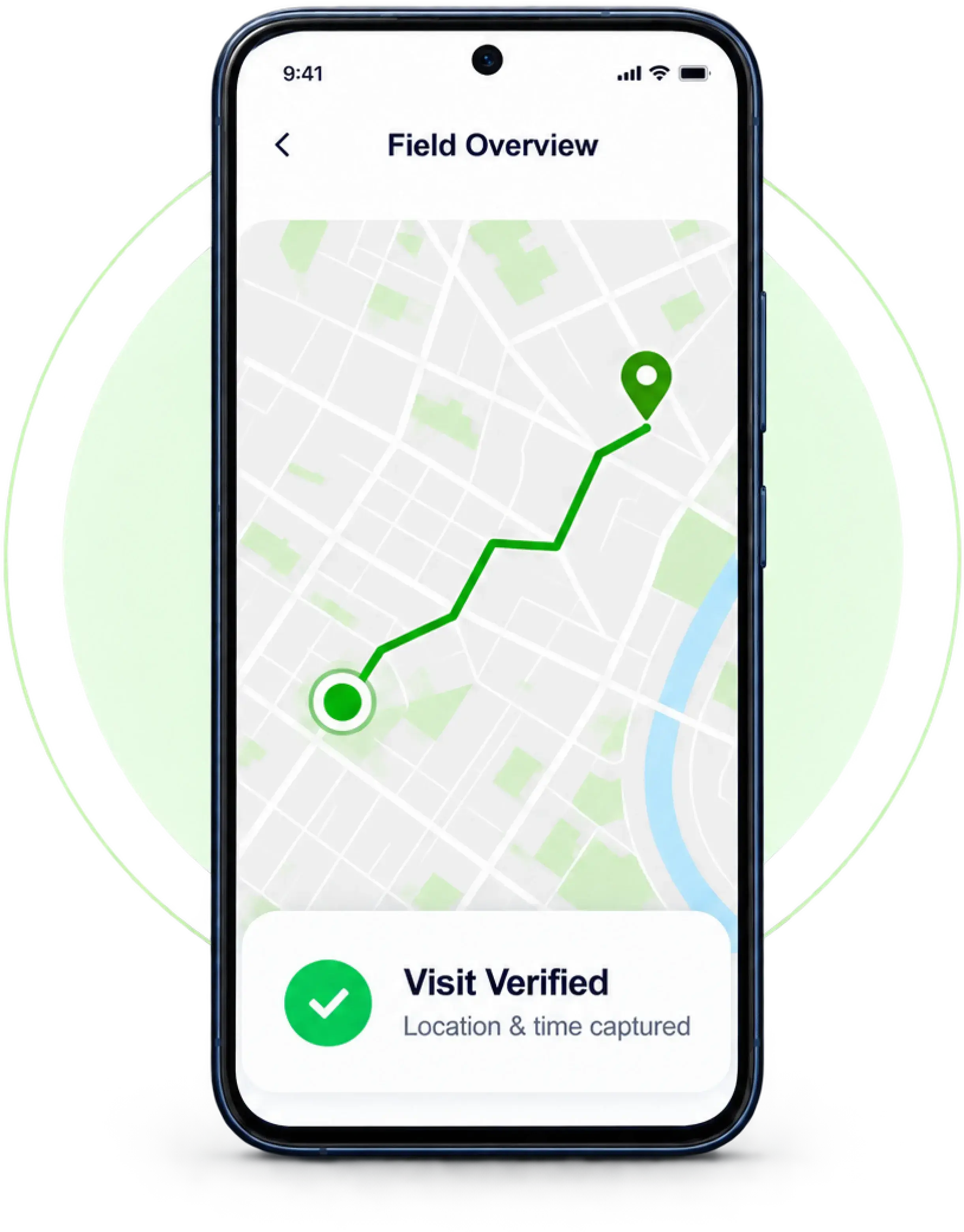 TrackOlap Field Overview on a phone: GPS route to a centre with Visit Verified, location and time captured