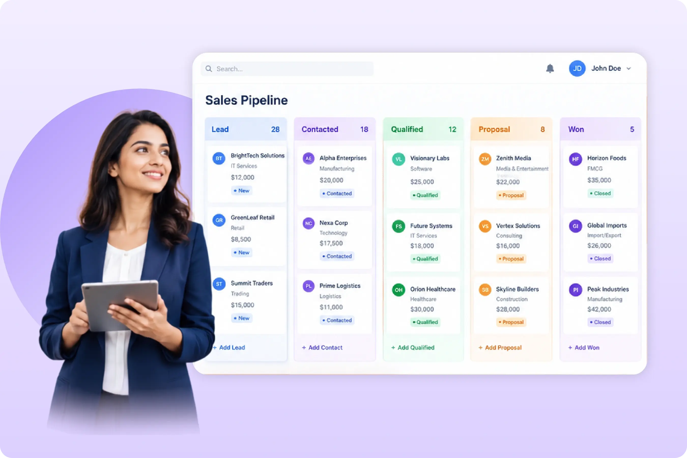 TrackOlap opportunity pipeline with deal value, stage, owner and next action in one view