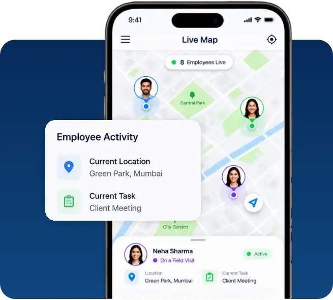 TrackOlap live map showing employee locations and current field tasks