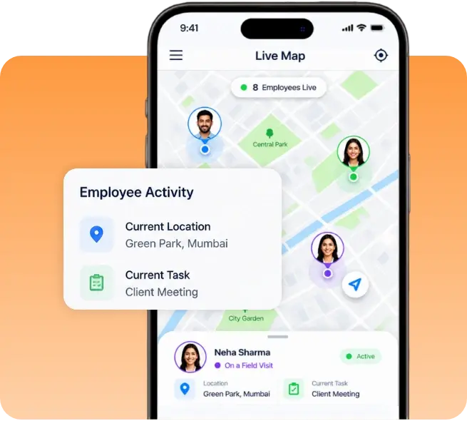 TrackOlap live employee location map with task status and active-hour monitoring
