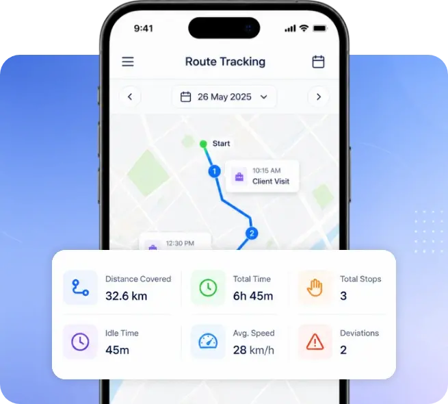 TrackOlap employee route history showing stoppages, distance and deviations
