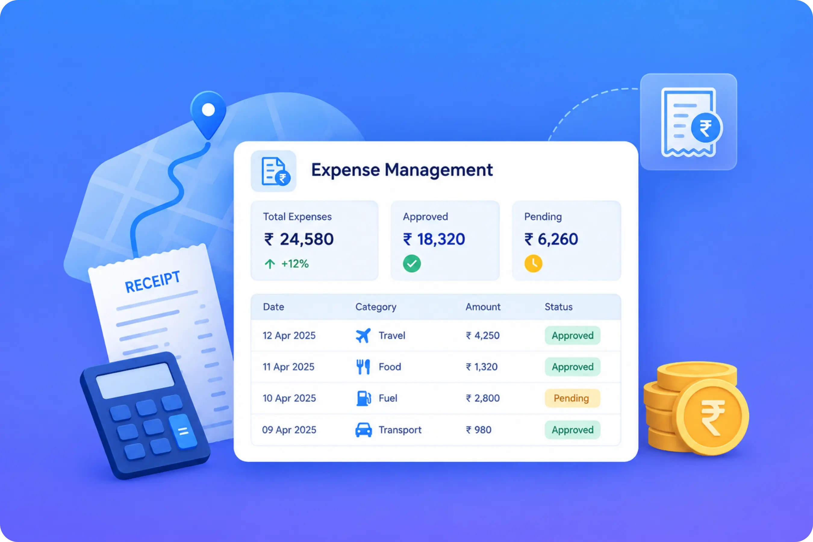 TrackOlap expense management dashboard with travel claims, approvals and pending expenses