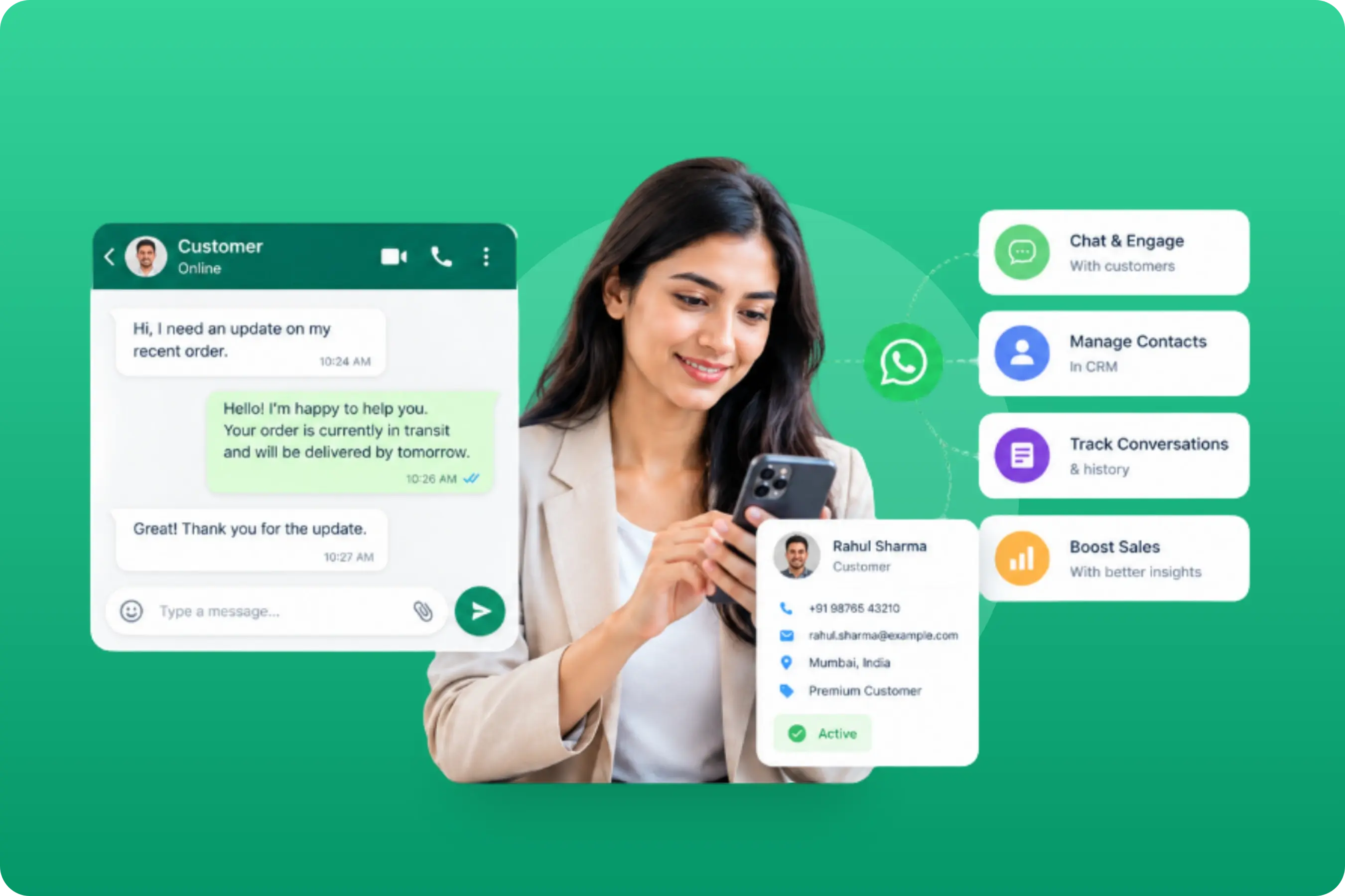 TrackOlap WhatsApp CRM connecting customer chats, contacts and conversation history